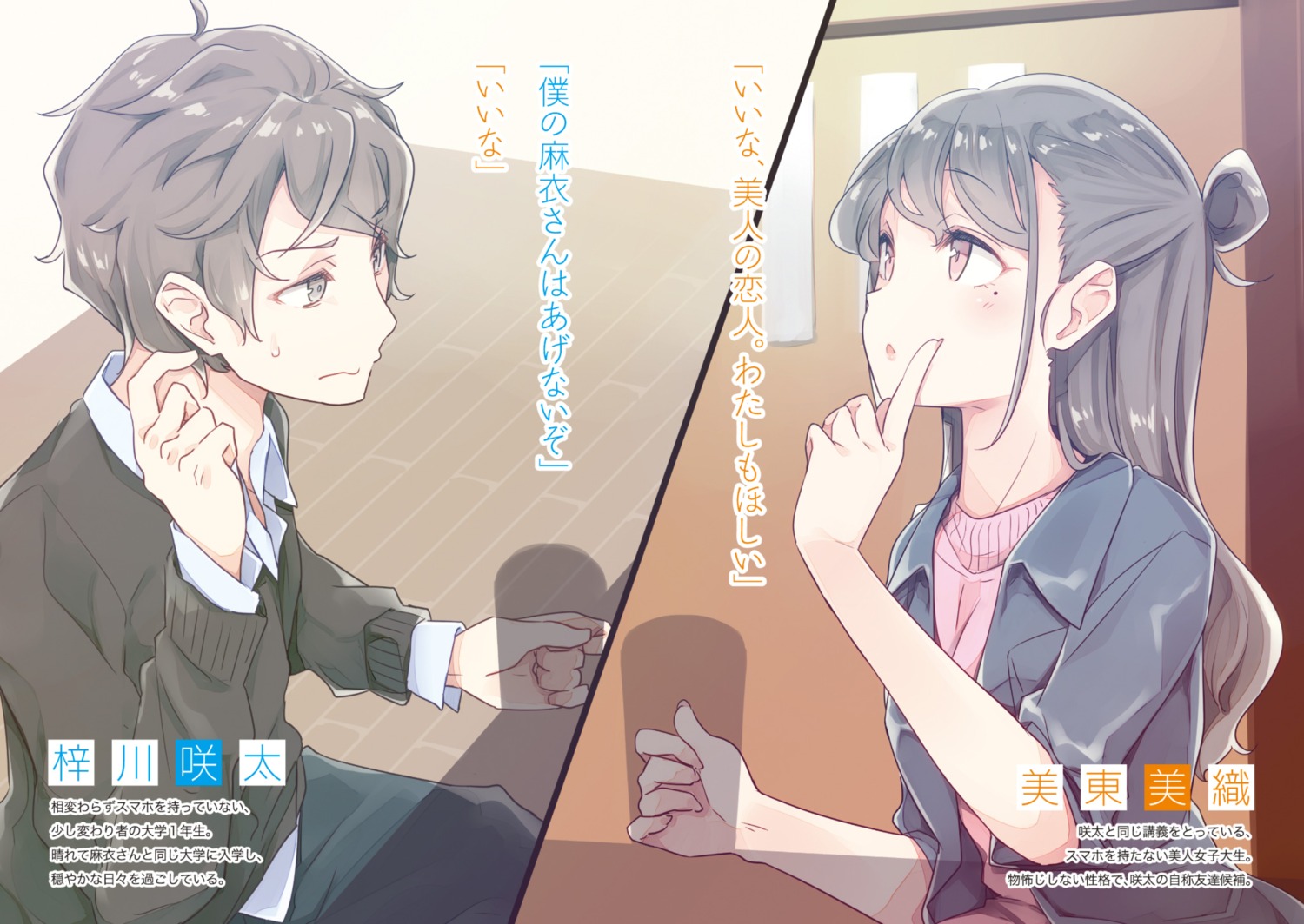 azusagawa_sakuta, mitou_miori, mizoguchi_keiji, seishun_buta_yarou, sweater