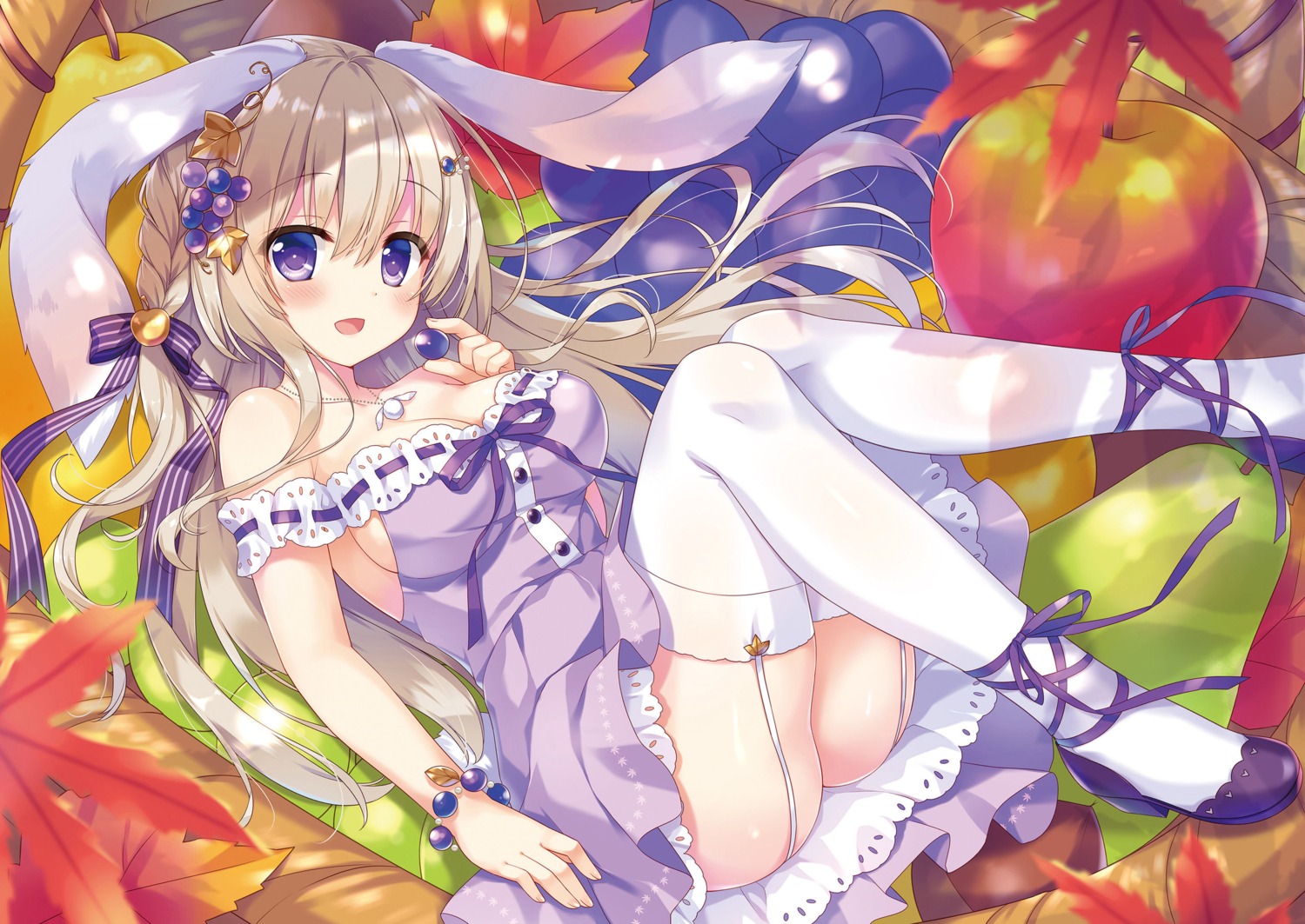 ameto_yuki, animal_ears, bunny_ears, dress, ecru_(ameto_yuki), stockings, thighhighs