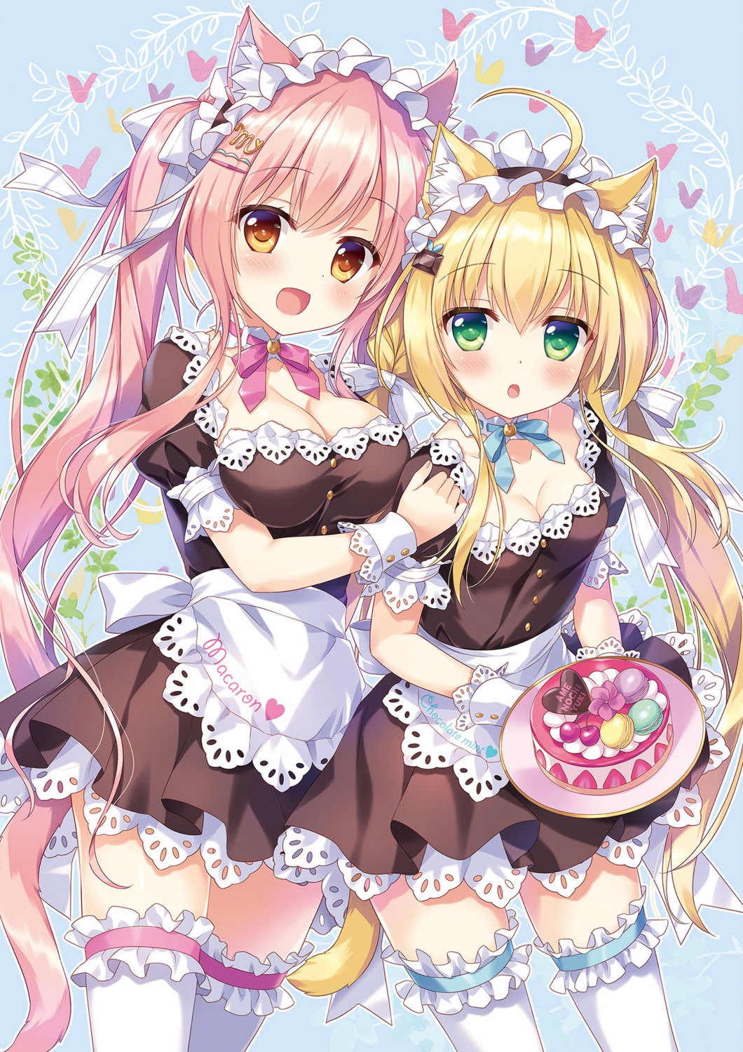 ameto_yuki, animal_ears, choco_mint_(ameto_yuki), cleavage, macaron_(ameto_yuki), maid, nekomimi, thighhighs
