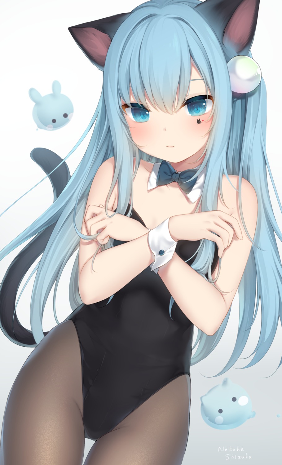 amashiro_natsuki, animal_ears, breast_hold, leotard, nekoha_shizuku, nekomimi, pantyhose, tail