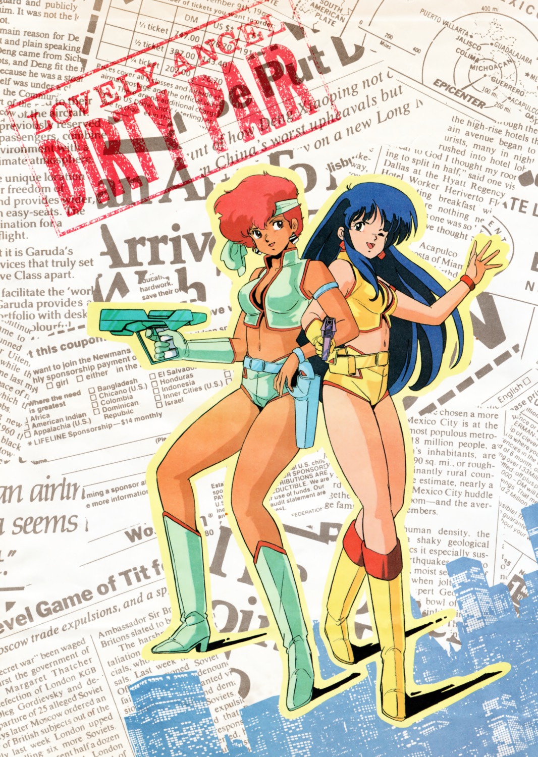 dirty_pair, gun, heels, kei_(dirty_pair), open_shirt, tagme, yuri_(dirty_pair)
