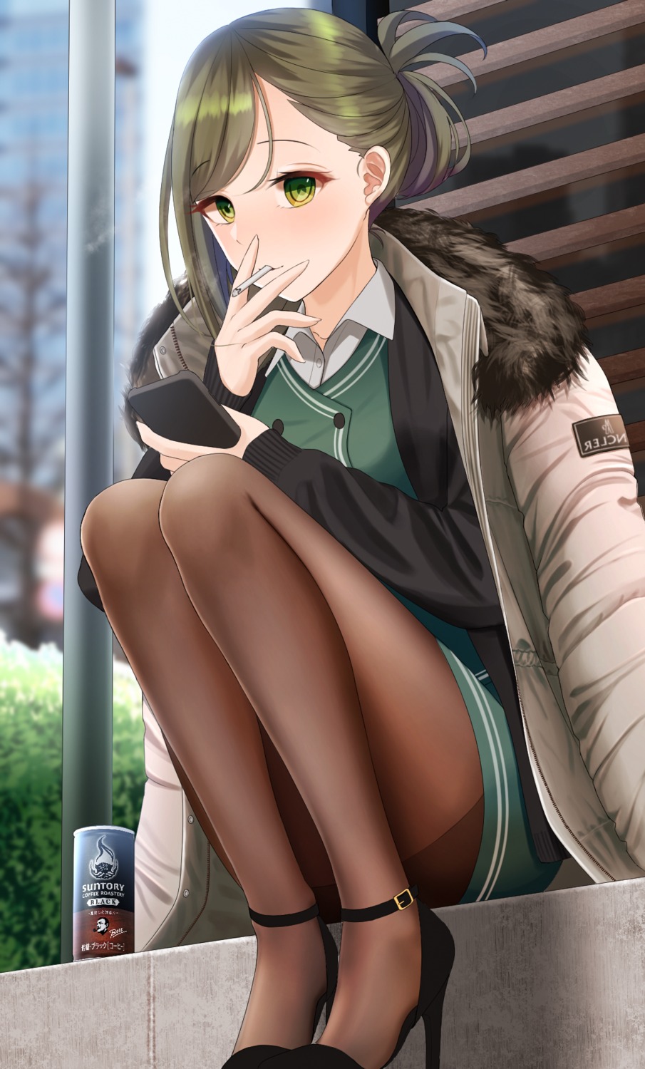 heels, nanakusa_hazuki, pantyhose, skirt_lift, smoking, the_idolm@ster, the_idolm@ster_shiny_colors, turisasu, uniform