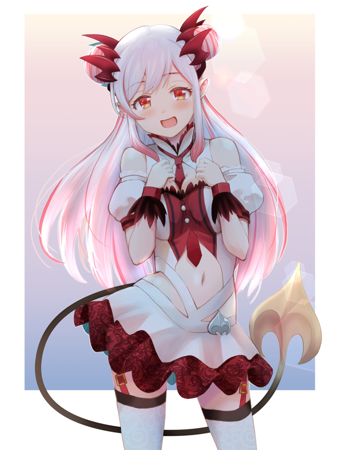breast_hold, cleavage, haniwa_(leaf_garden), honey_strap, horns, nanashi_inc., pointy_ears, stockings, suou_patra, tail, thighhighs
