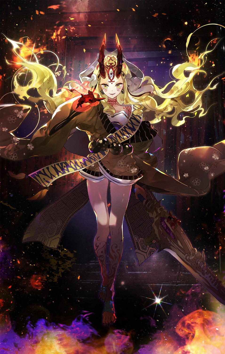a2ki, fate/grand_order, horns, ibaraki_douji_(fate), japanese_clothes, pointy_ears, tattoo, weapon