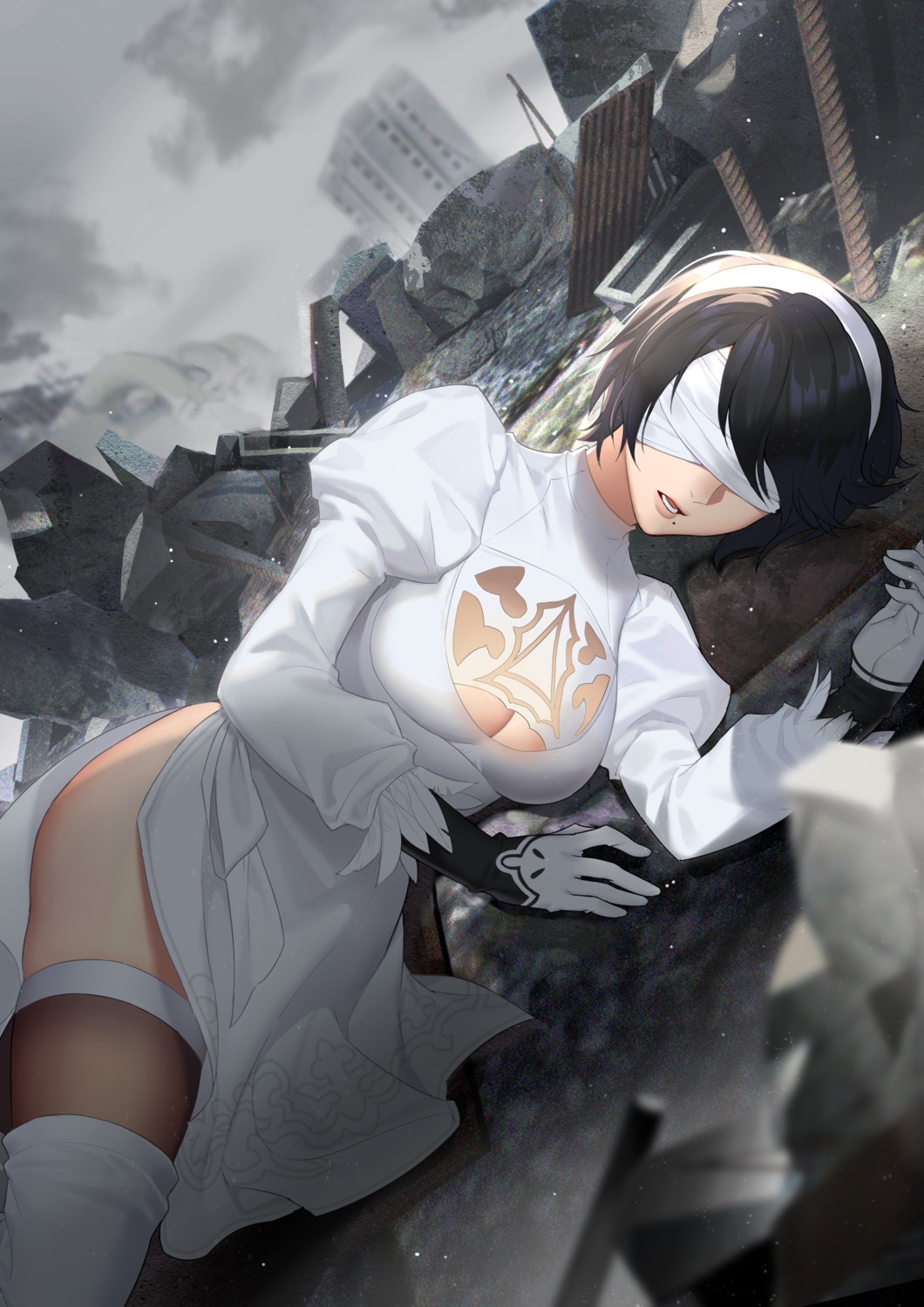 aquarius_(artist), bandages, cleavage, dress, nier, nier_automata, thighhighs, yorha_no.2_type_b, yorha_no.2_type_p