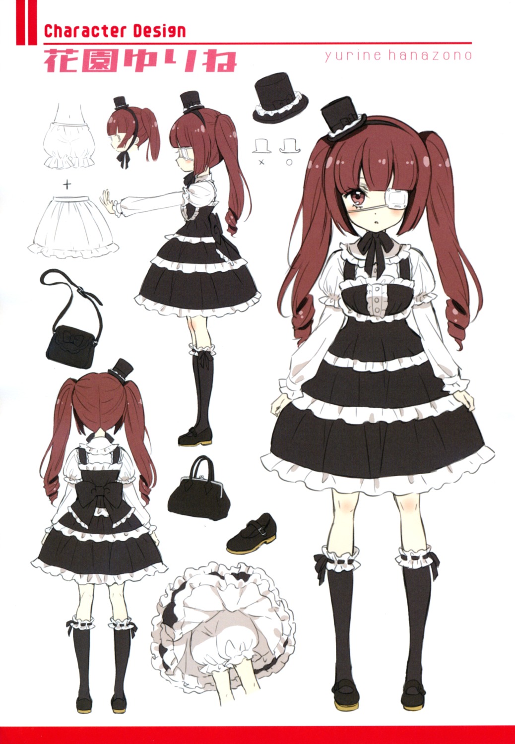 buruma, character_design, dress, eyepatch, fukunoren, gothic_lolita, hanazono_yurine, jashin-chan_dropkick, lingerie, lolita_fashion, sketch, skirt_lift, yukiwo