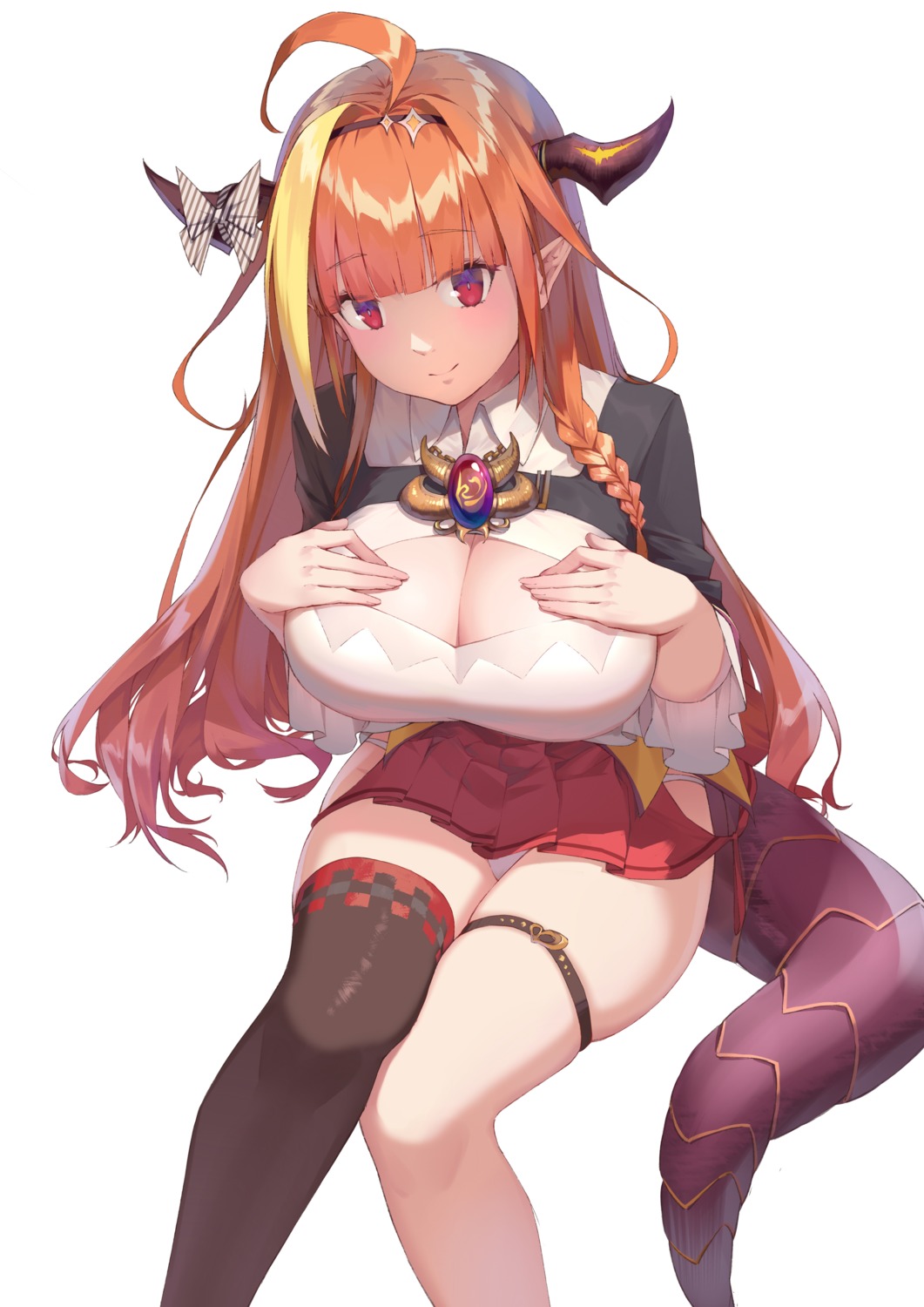 breast_hold, cleavage, garter, hololive, horns, kiryuu_coco, pointy_ears, ren_huozhe