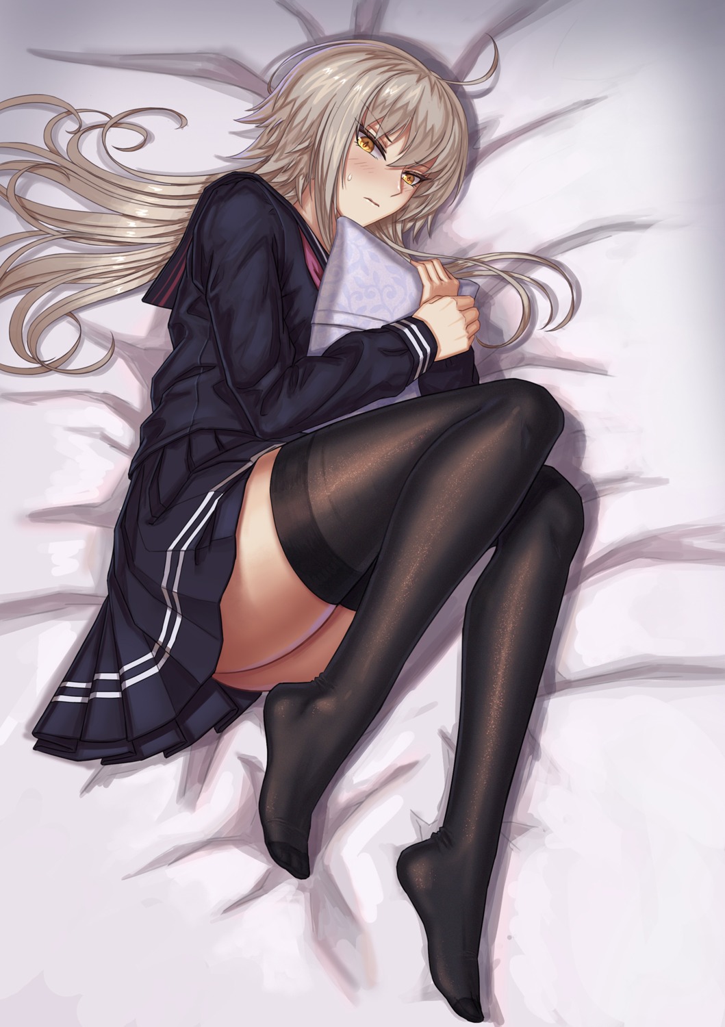 brilliant_naraku, fate/grand_order, jeanne_d'arc, jeanne_d'arc_alter_(fate), seifuku, skirt_lift, thighhighs