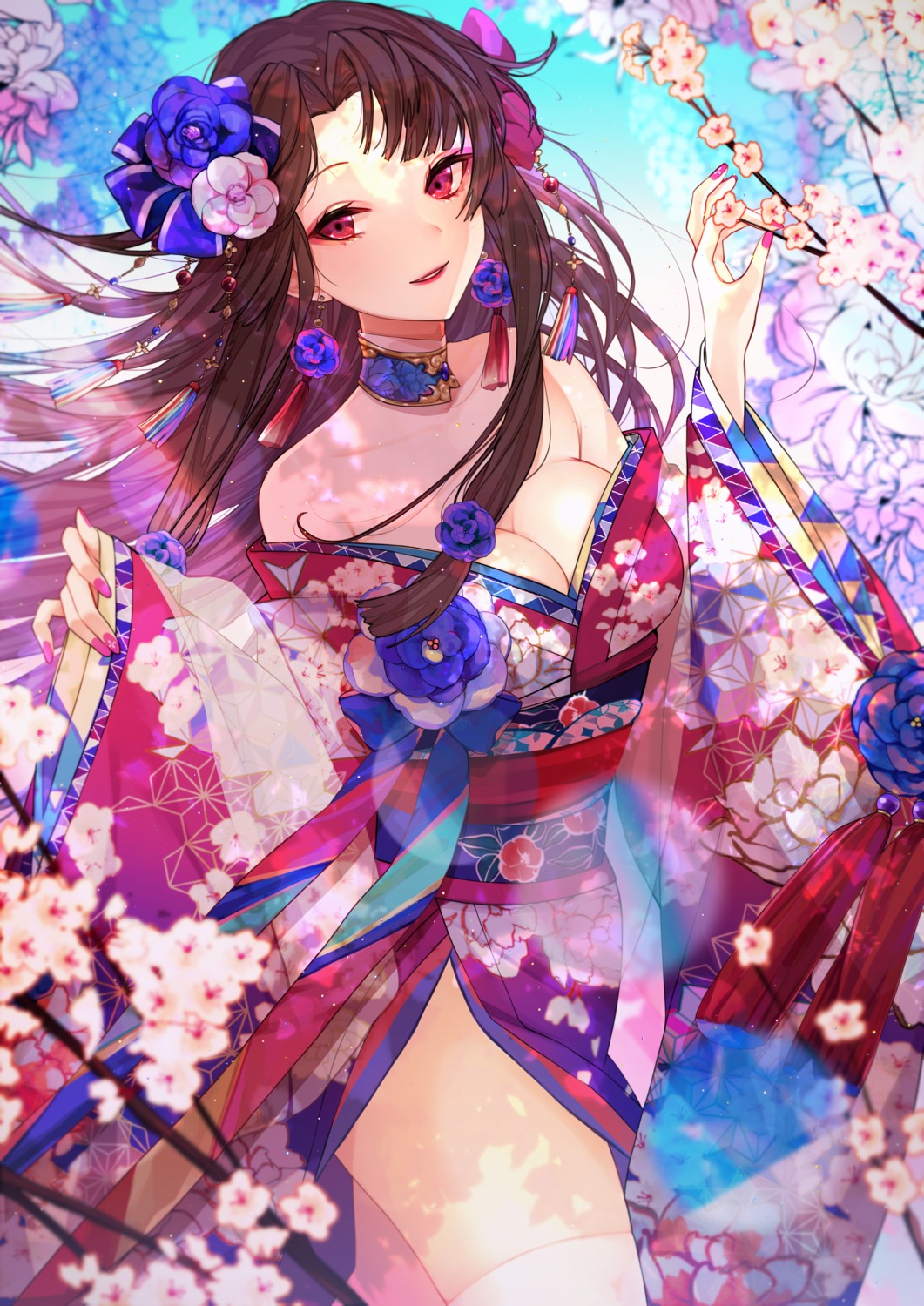 cleavage, hutuu_(1121), japanese_clothes, no_bra, open_shirt, sengoku_fubu, thighhighs