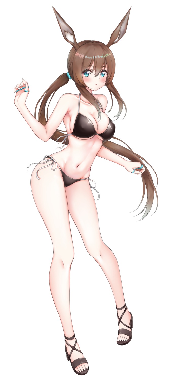 amiya_(arknights), animal_ears, arknights, benedia, bikini, bunny_ears, erect_nipples, heels, swimsuits