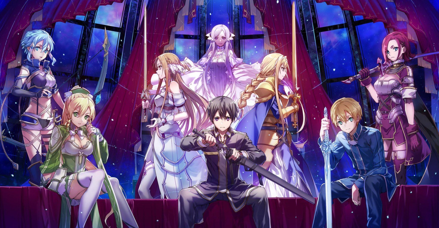 alice_zuberg, armor, asuna_(sword_art_online), bunbun, cleavage, dress, eugeo, garter, kirito, leafa, medina_orthinanos, quinella, sinon, stockings, sword, sword_art_online, sword_art_online_alicization, sword_art_online_alicization_lycoris, thighhighs, uniform, weapon