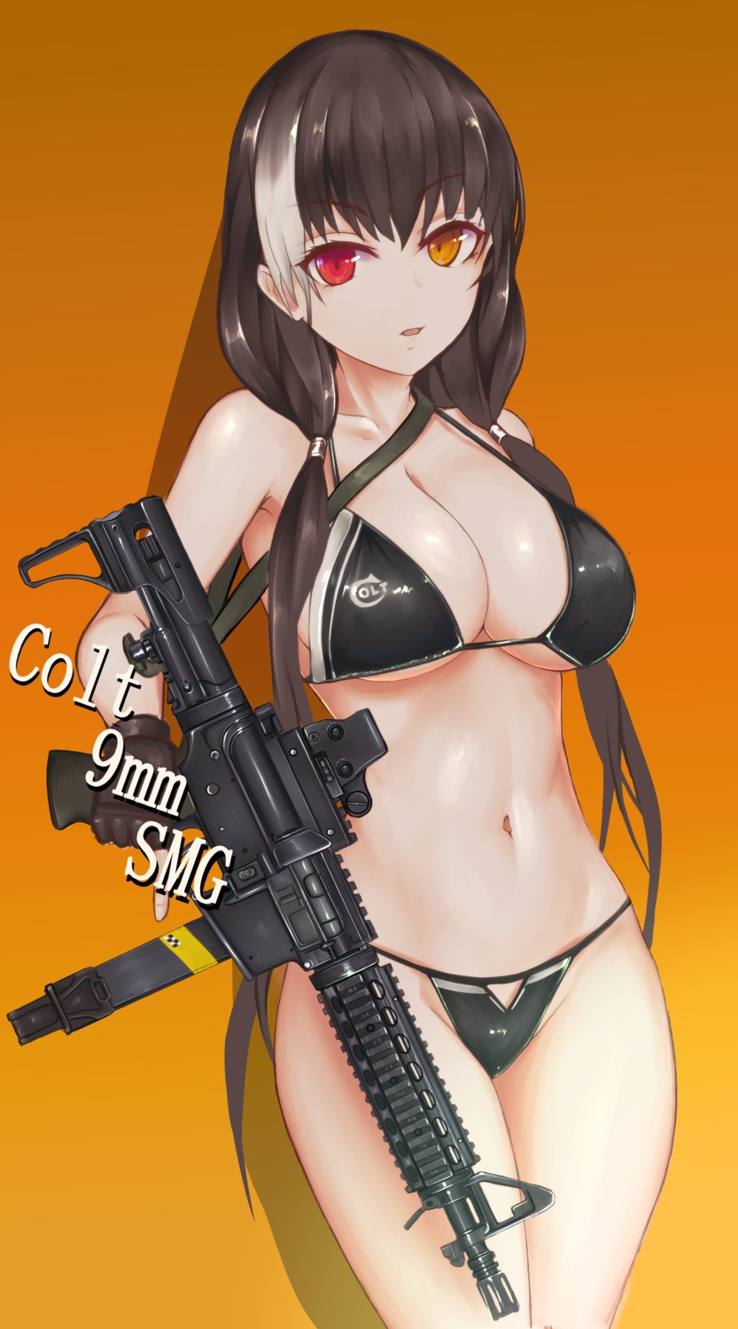 bikini, cleavage, franz_(217franz), girls_frontline, gun, heterochromia, ro635_(girls_frontline), swimsuits