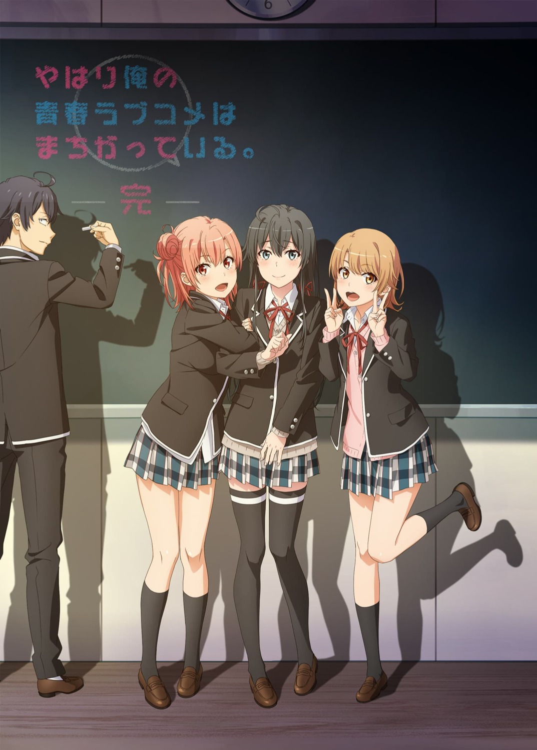 hikigaya_hachiman, isshiki_iroha, seifuku, sweater, tanaka_yuuichi, thighhighs, yahari_ore_no_seishun_lovecome_wa_machigatteiru., yuigahama_yui