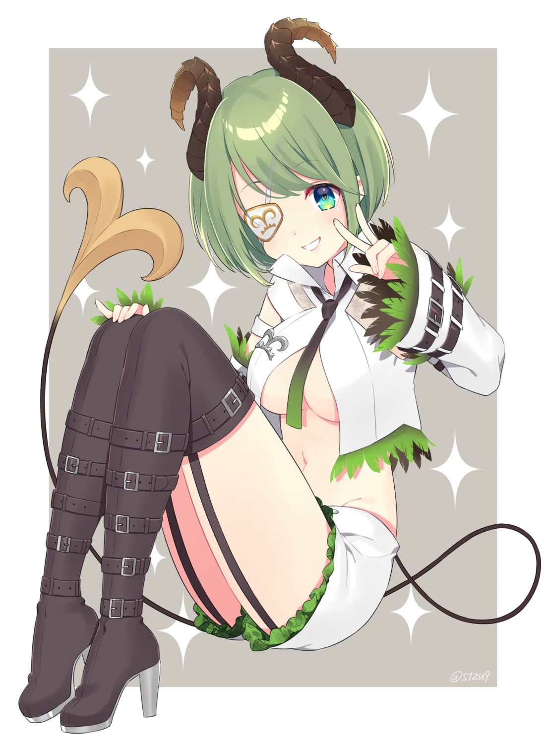 eyepatch, heels, honey_strap, horns, nagino_shizuku, nanashi_inc., sekishiro_mico, tail