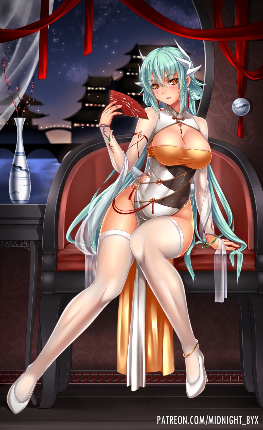 chinadress, cleavage, dress, fate/grand_order, horns, kiyohime_(fate), midnight, thighhighs