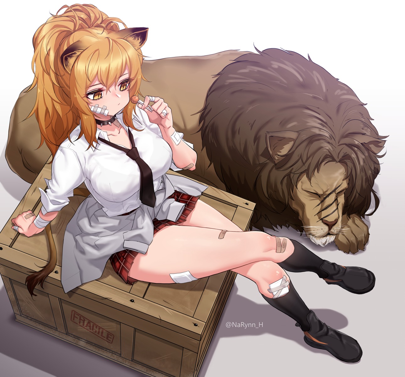 animal_ears, arknights, bandages, bandaid, narynn, seifuku, siege_(arknights), tail
