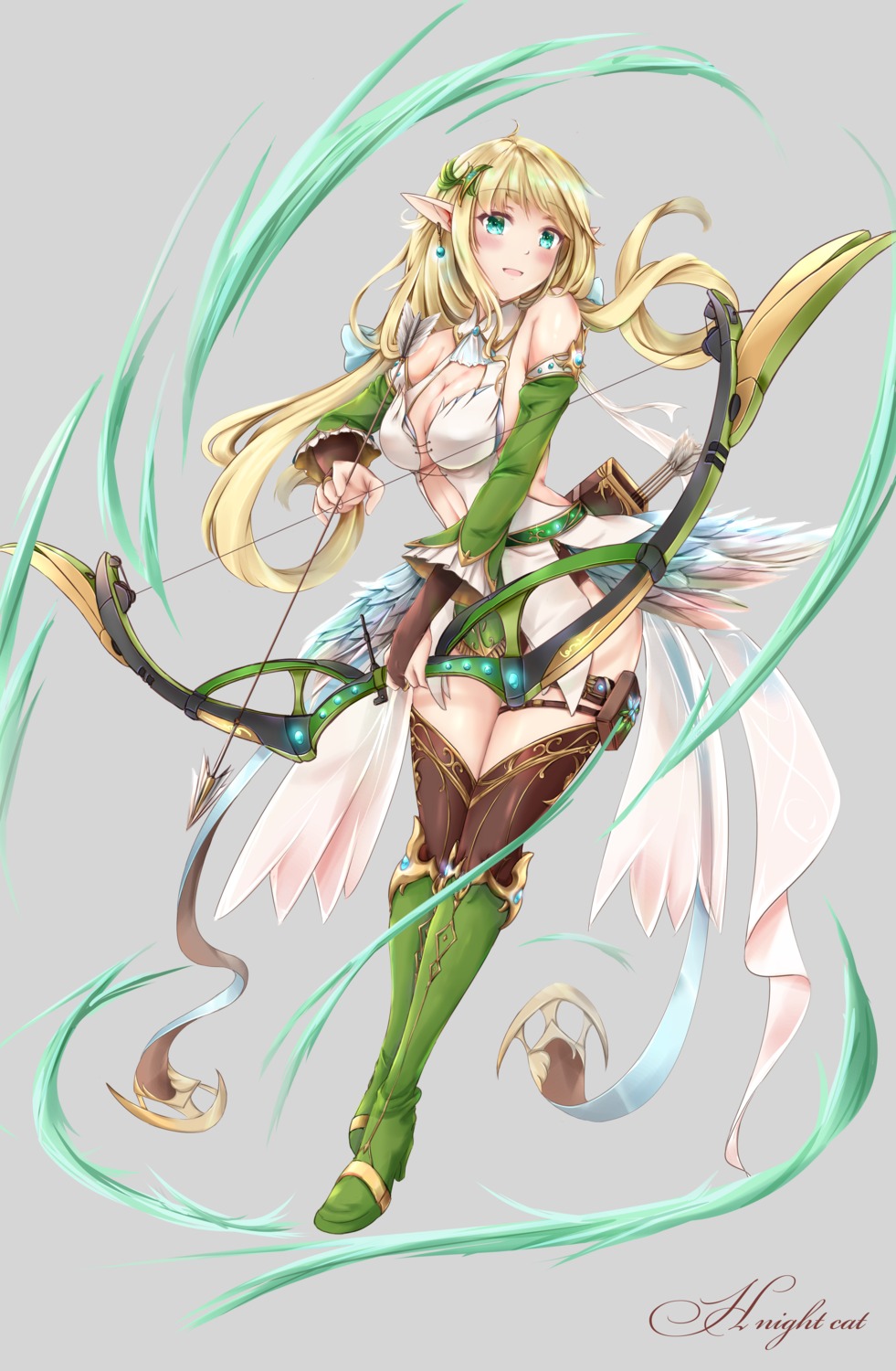 cleavage, elf, garter, h_yoruneko, heels, no_bra, pointy_ears, thighhighs, weapon