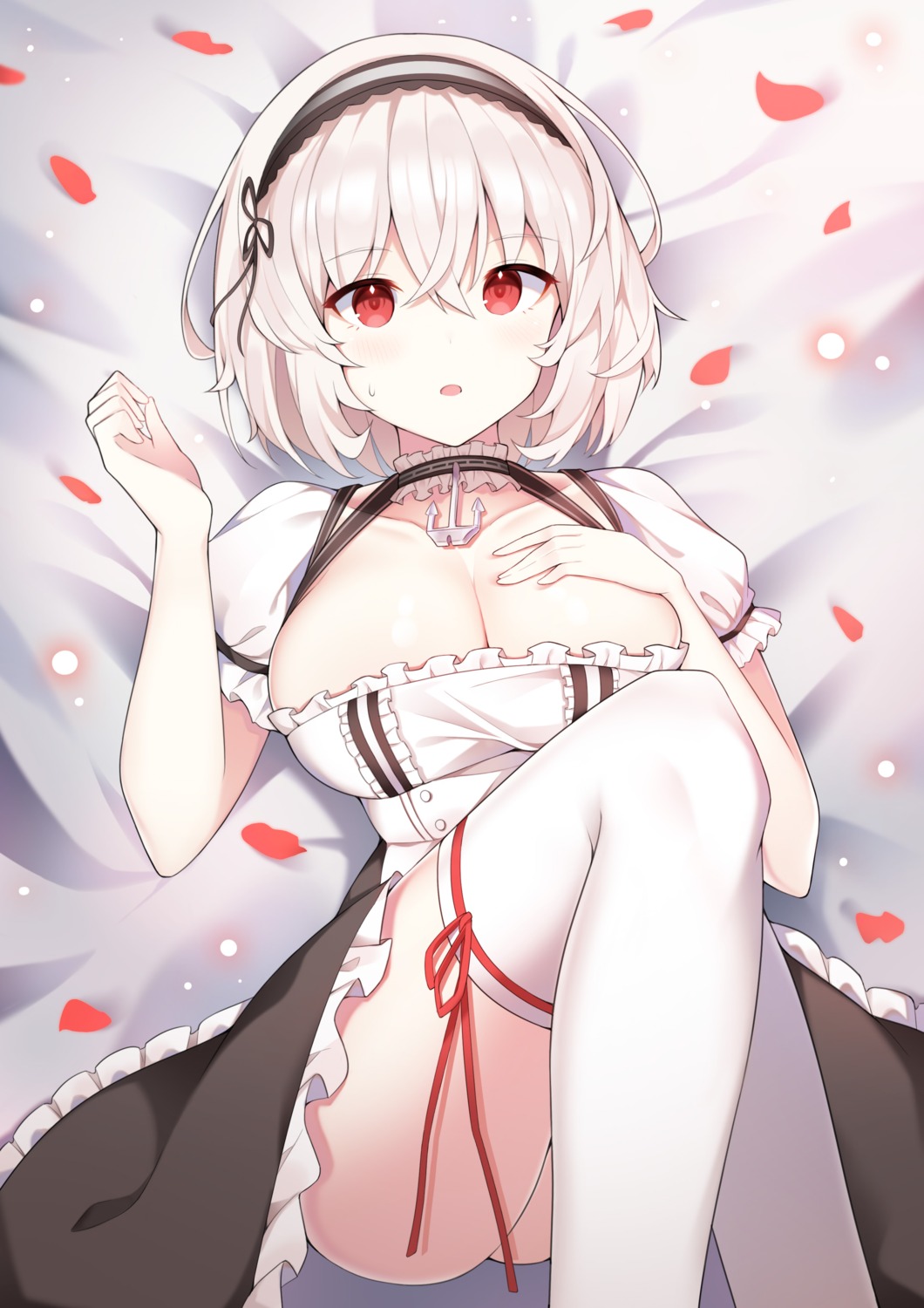 azur_lane, breast_hold, maid, no_bra, paaru, sirius_(azur_lane), skirt_lift, thighhighs