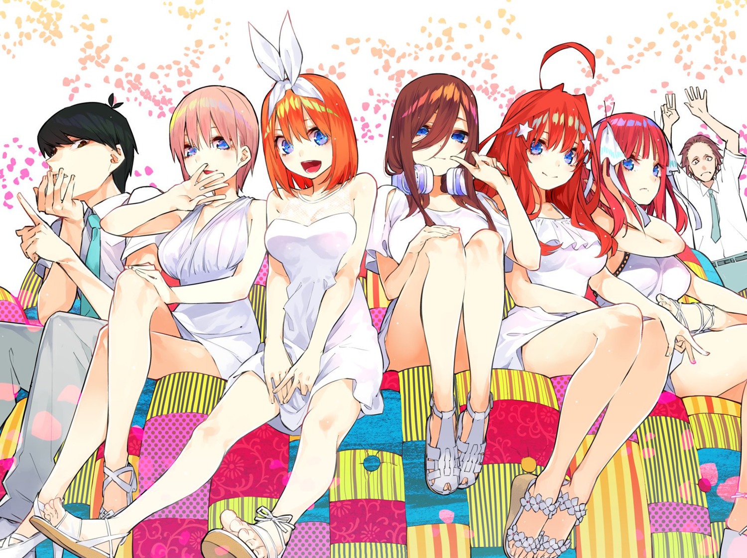 5-toubun_no_hanayome, cleavage, dress, haruba_negi, headphones, heels, nakano_ichika, nakano_itsuki