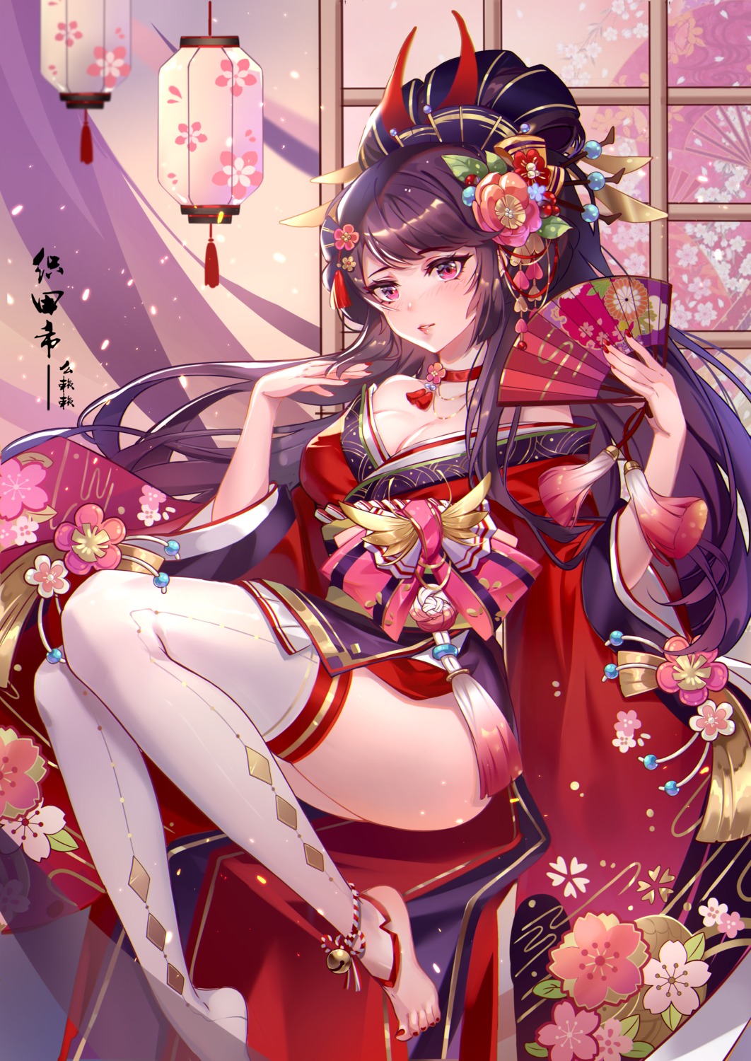 cleavage, japanese_clothes, melailai, open_shirt, sengoku_fubu, thighhighs