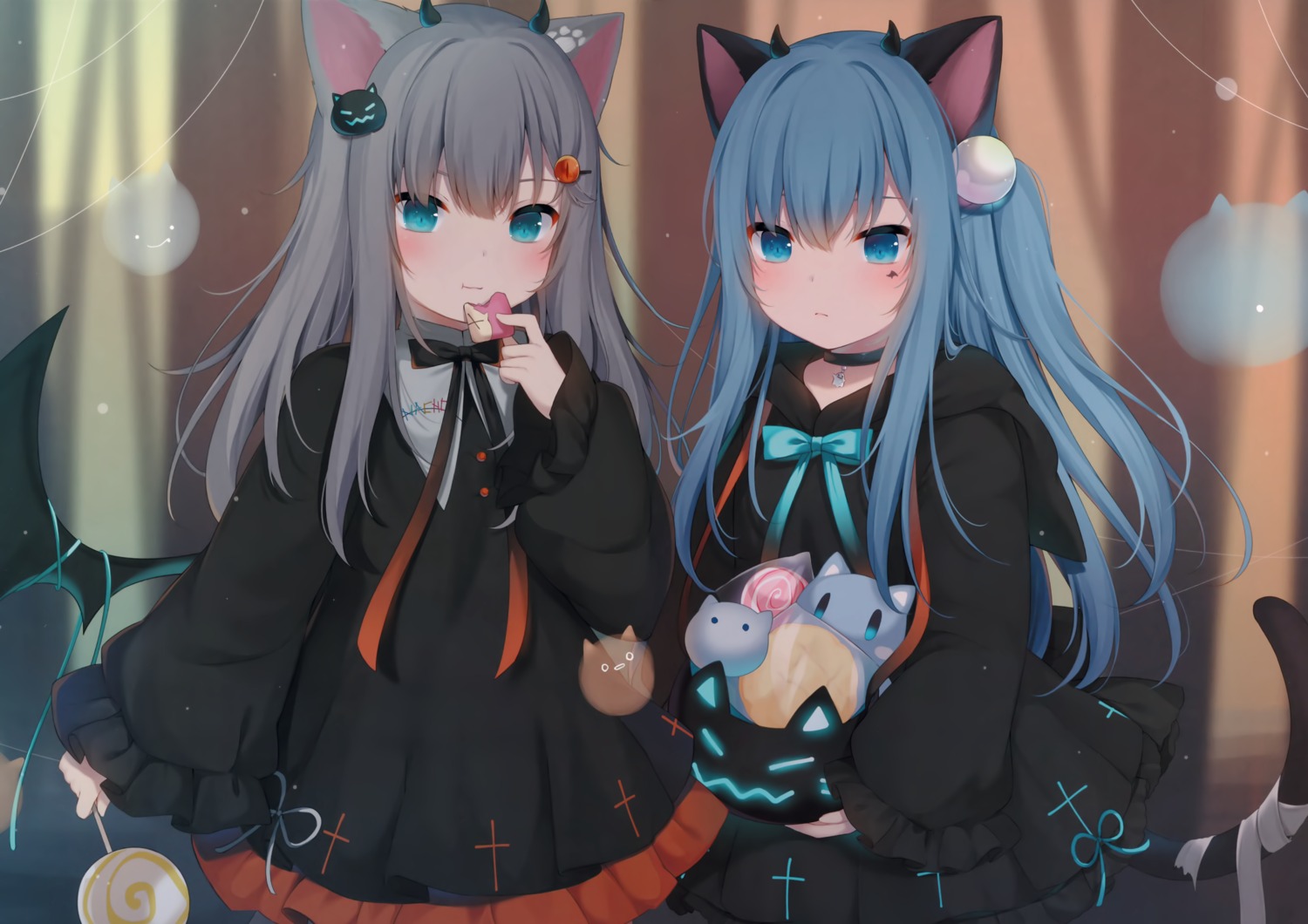 amashiro_natsuki, animal_ears, bandages, halloween, horns, indie_virtual_youtuber, nacho_(amashiro_natsuki), nekoha_shizuku