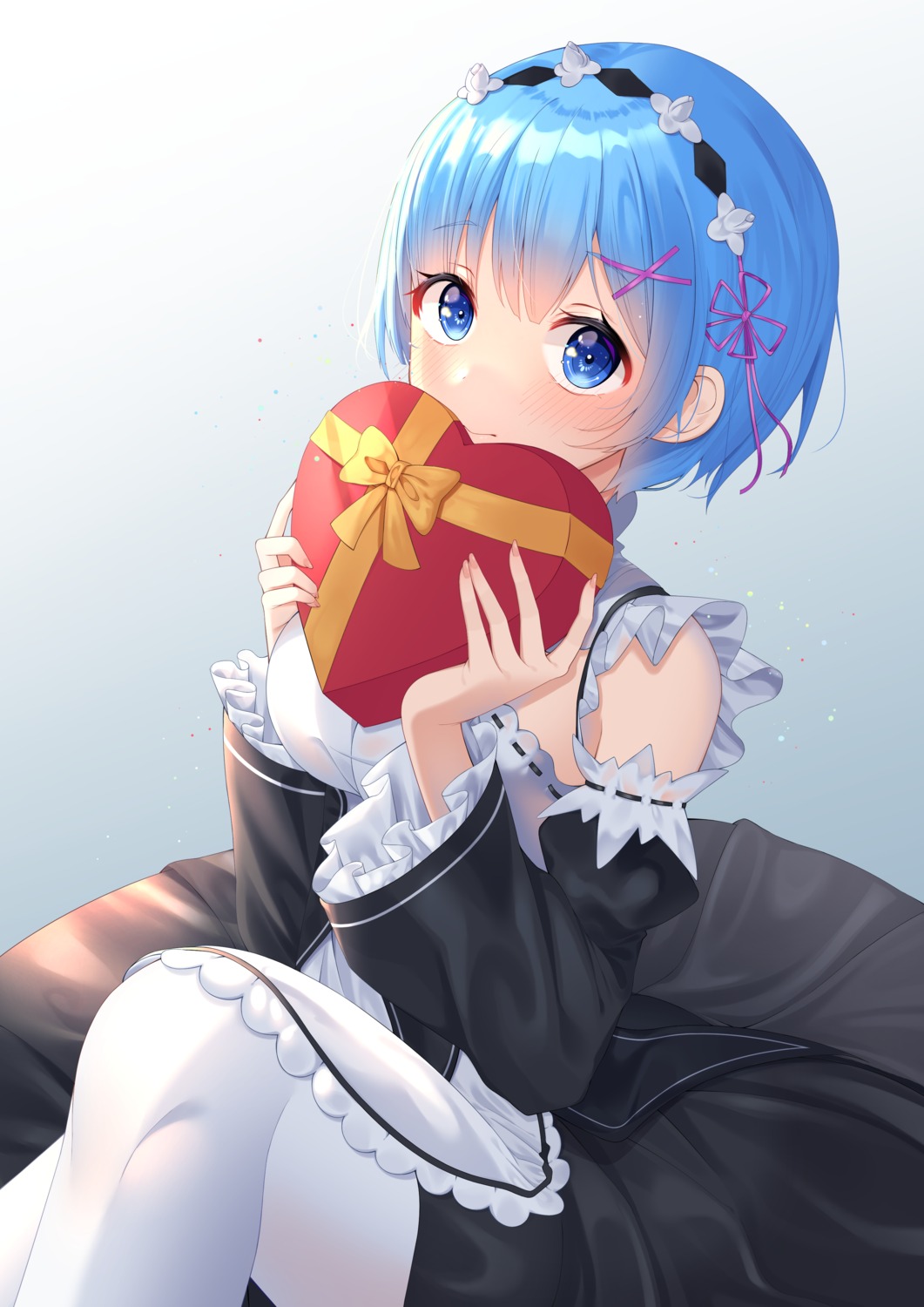 maid, re:zero_kara_hajimeru_isekai_seikatsu, rem_(re_zero), rufe_0v0, skirt_lift, valentine