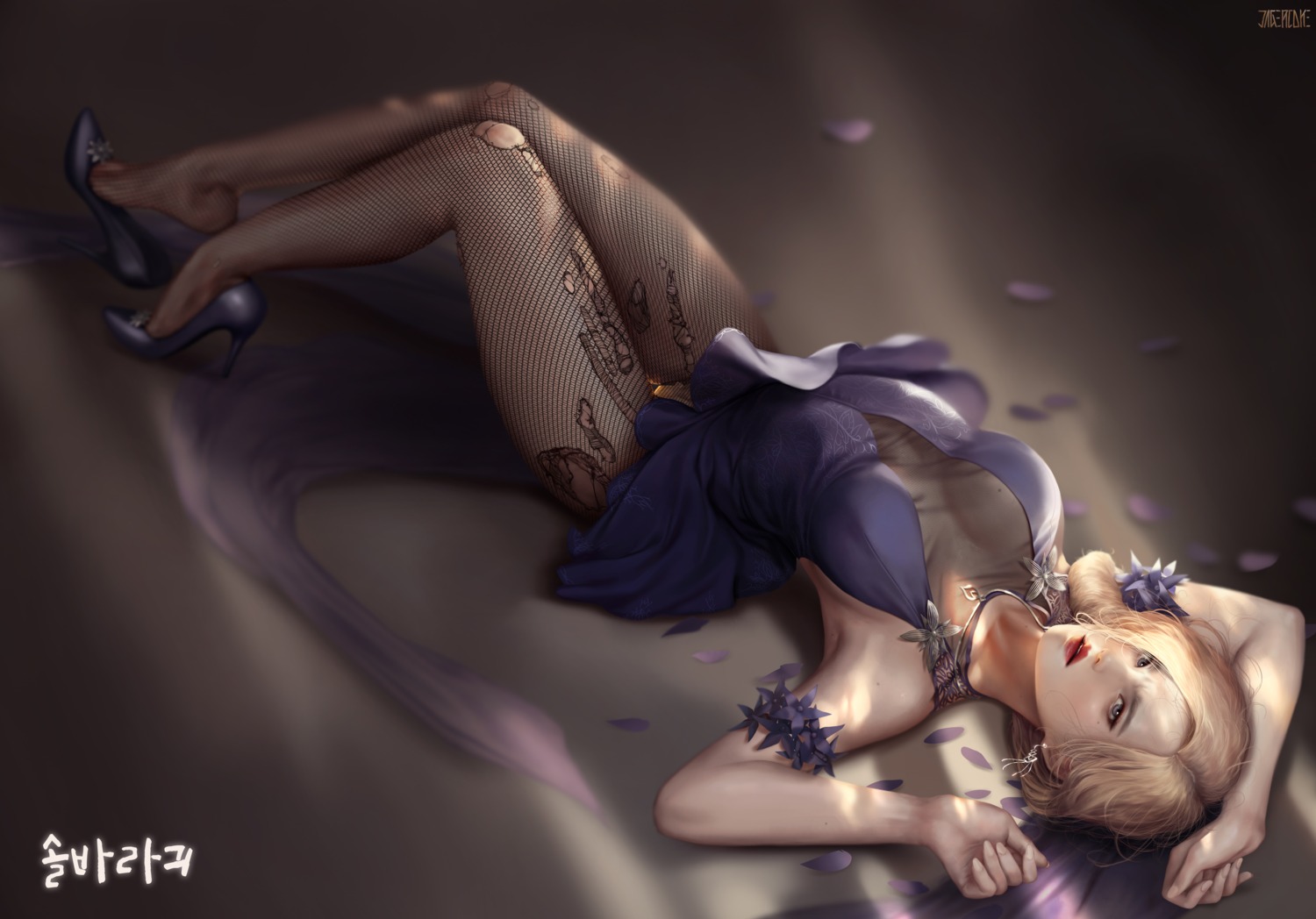 dress, fishnets, heels, jagercoke, no_bra, pantyhose, see_through, skirt_lift, torn_clothes
