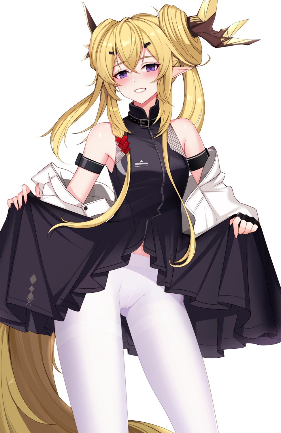 arknights, ateoyh, dress, horns, leizi_(arknights), pantyhose, pointy_ears, skirt_lift