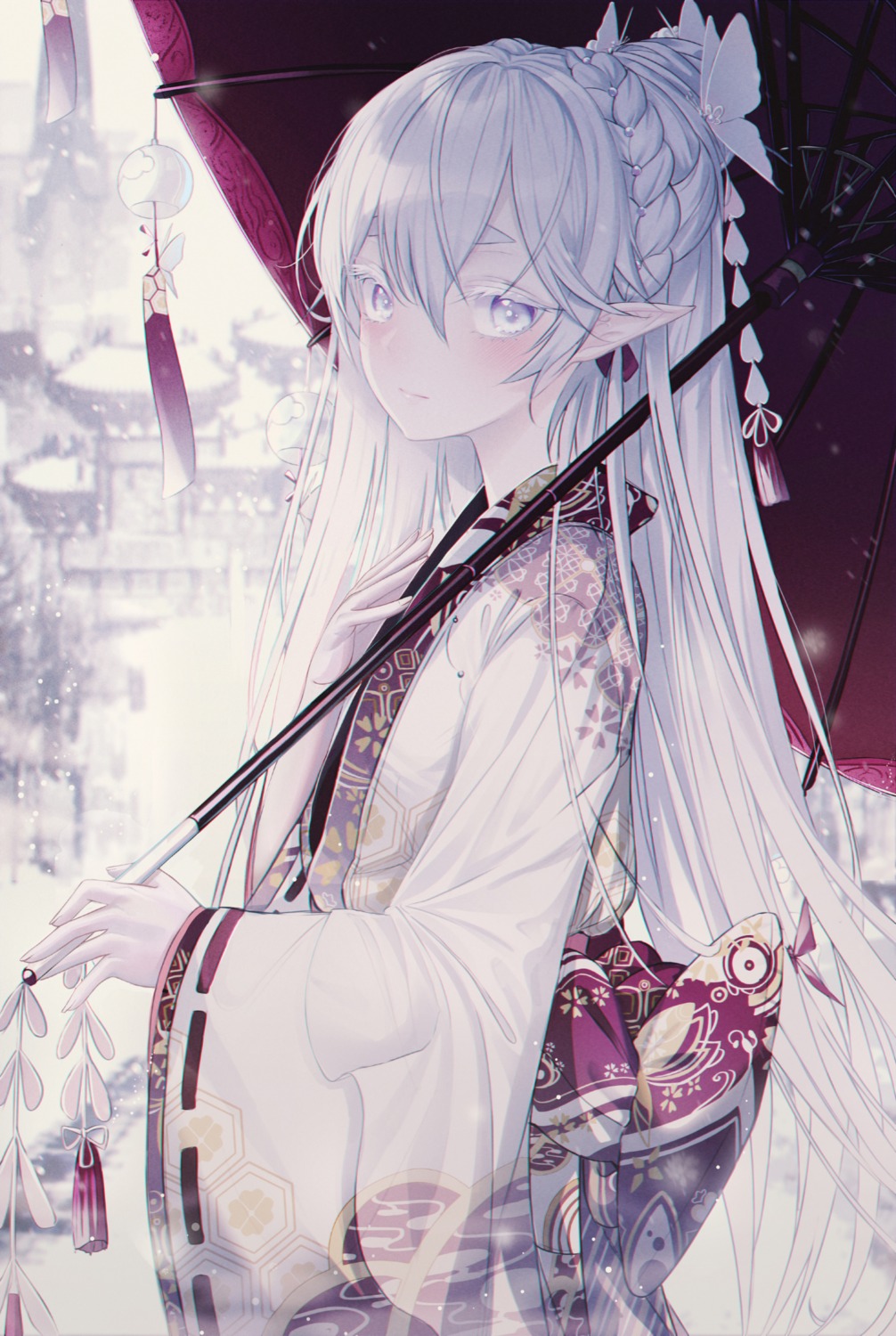 japanese_clothes, okazu_(eightstudio), pointy_ears, umbrella