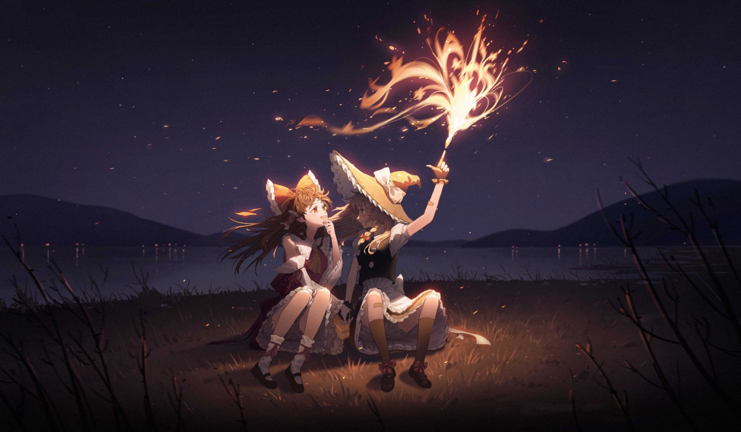 bandaid, bloomers, hakurei_reimu, jira, kirisame_marisa, skirt_lift, touhou, witch