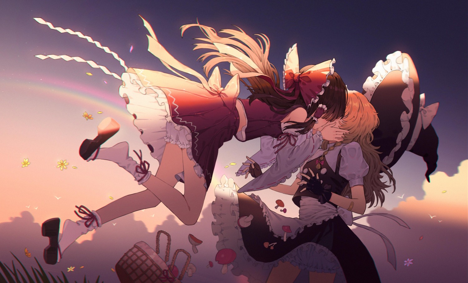 bloomers, hakurei_reimu, jira, kirisame_marisa, skirt_lift, touhou, witch, yuri