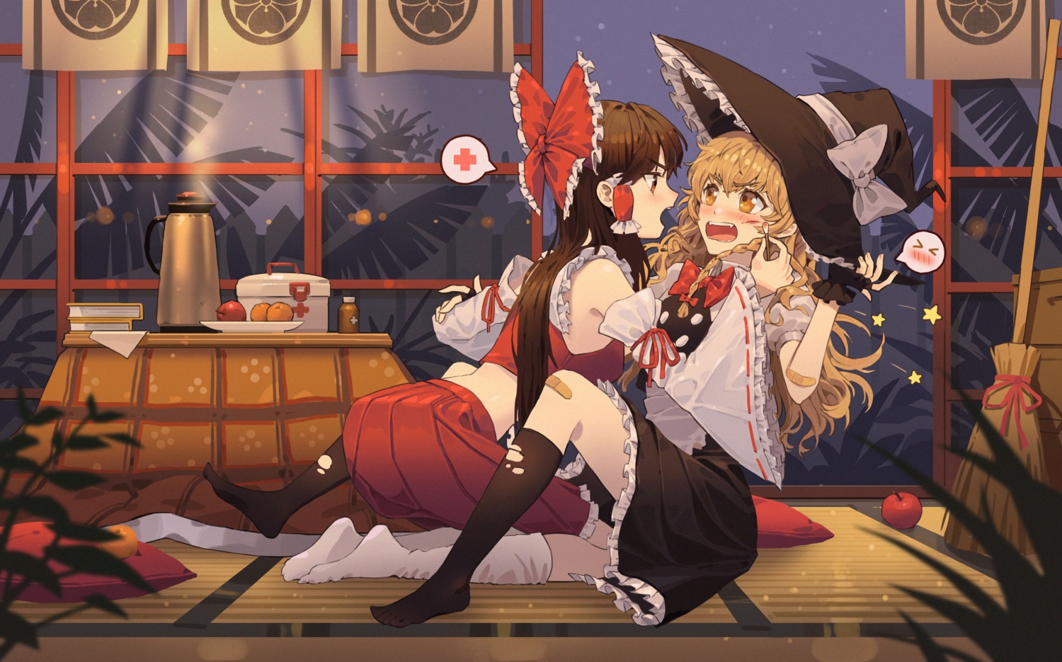 bandaid, hakurei_reimu, jira, kirisame_marisa, skirt_lift, torn_clothes, touhou, witch