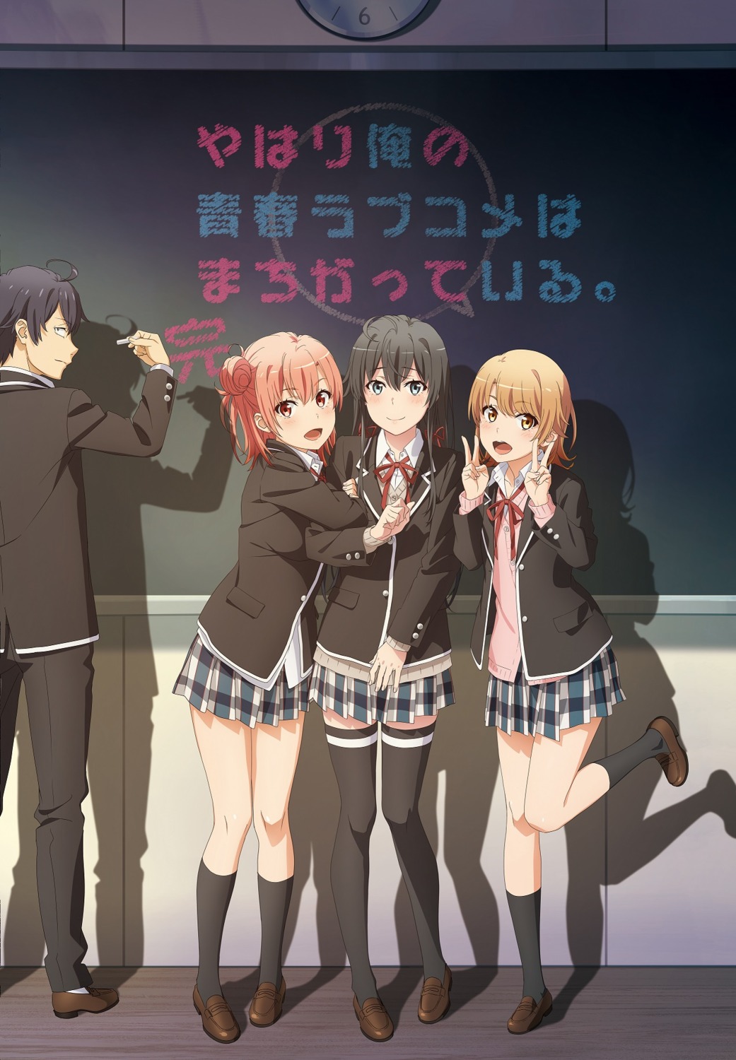 hikigaya_hachiman, isshiki_iroha, seifuku, sweater, tanaka_yuuichi, thighhighs, yahari_ore_no_seishun_lovecome_wa_machigatteiru., yuigahama_yui