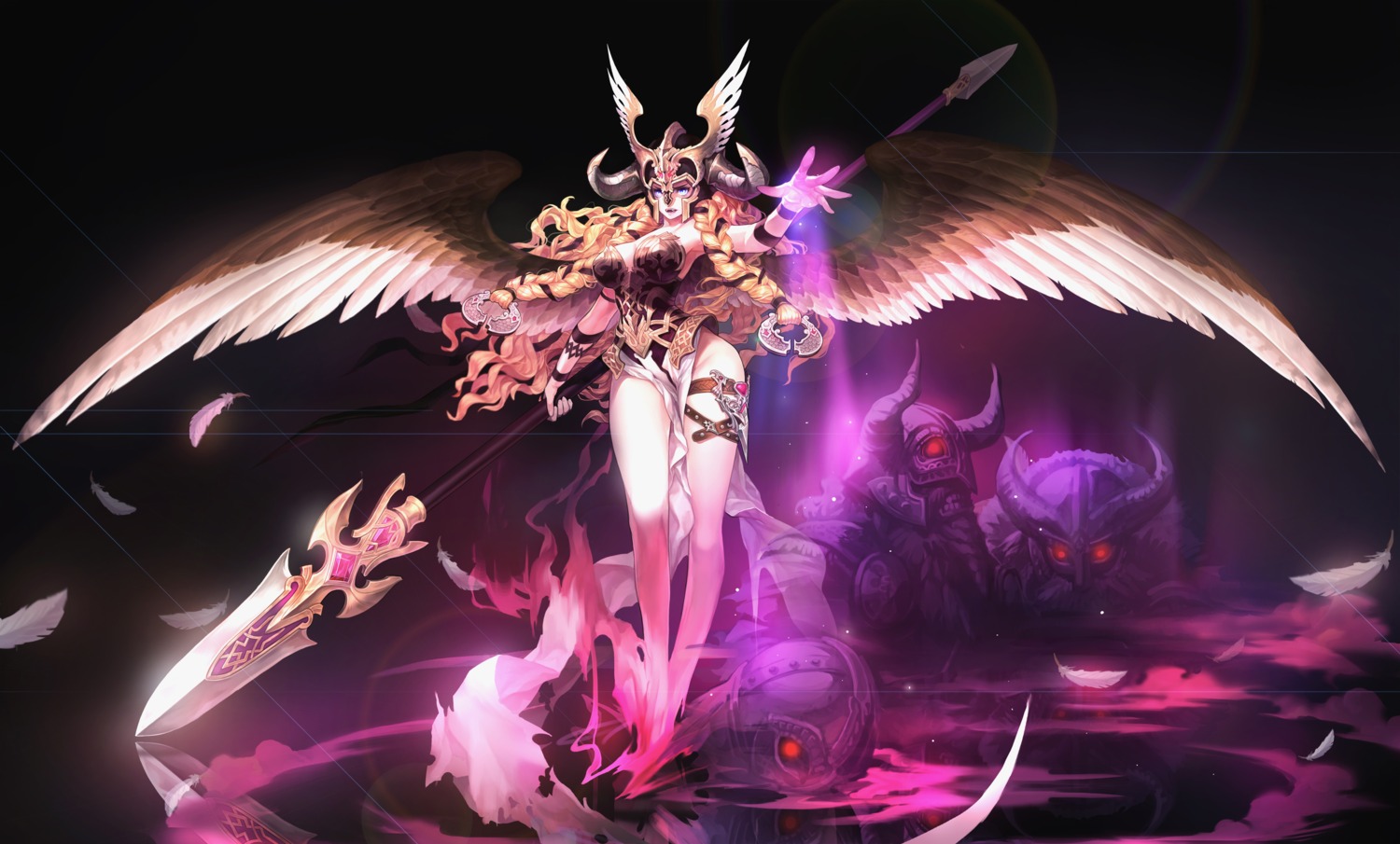 cleavage, garter, horns, leotard, olivia_(yh), weapon, wings
