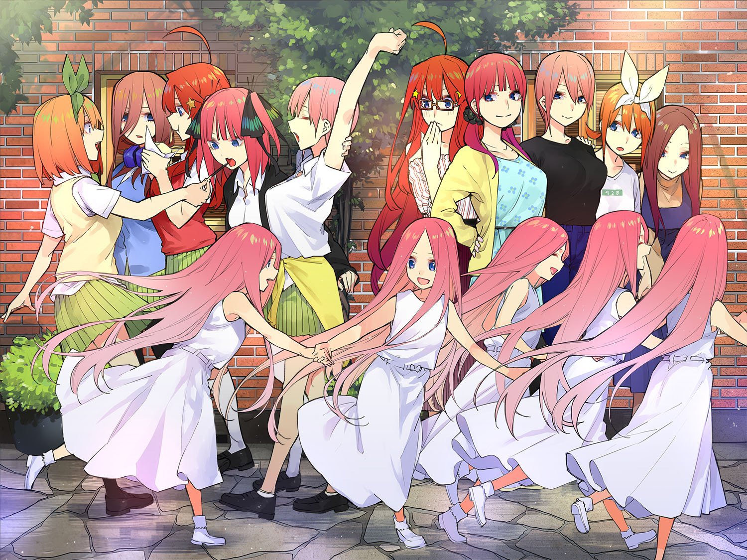 5-toubun_no_hanayome, dress, haruba_negi, headphones, megane, nakano_ichika, nakano_itsuki, nakano_miku, nakano_nino, nakano_yotsuba, pantyhose, seifuku, summer_dress, sweater