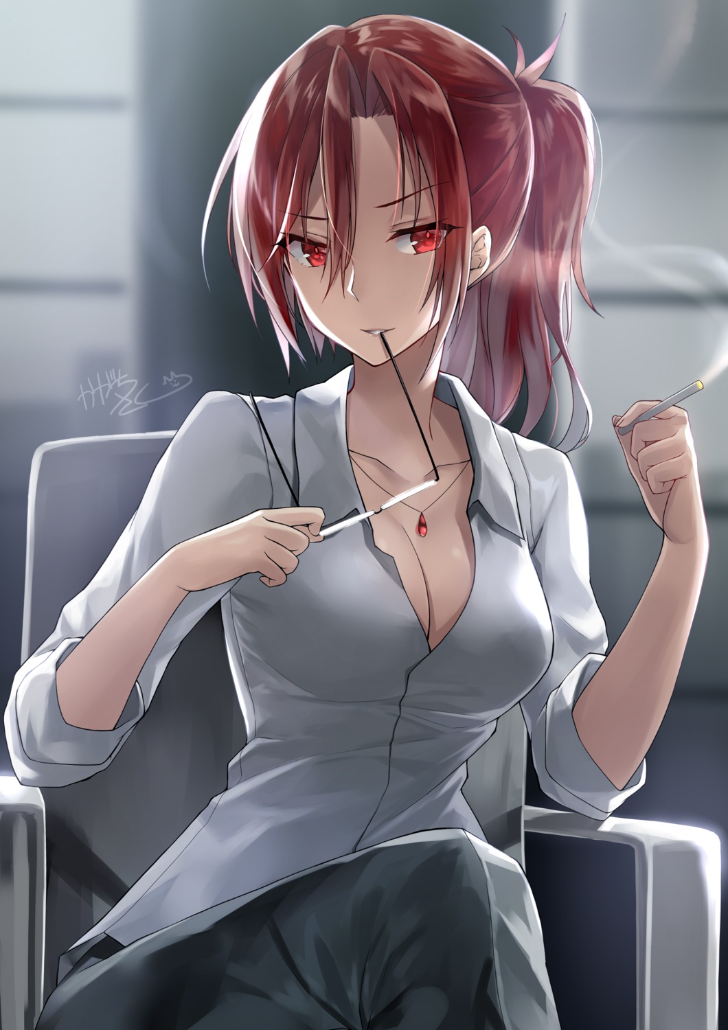 aozaki_touko, cleavage, dress_shirt, kagachi_saku, kara_no_kyoukai, megane, open_shirt