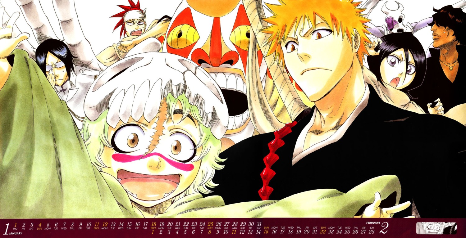 abarai_renji, bleach, calendar, kubo_tite, kuchiki_rukia, kurosaki_ichigo, neliel_tu_oderschvank, uryuu_ishida