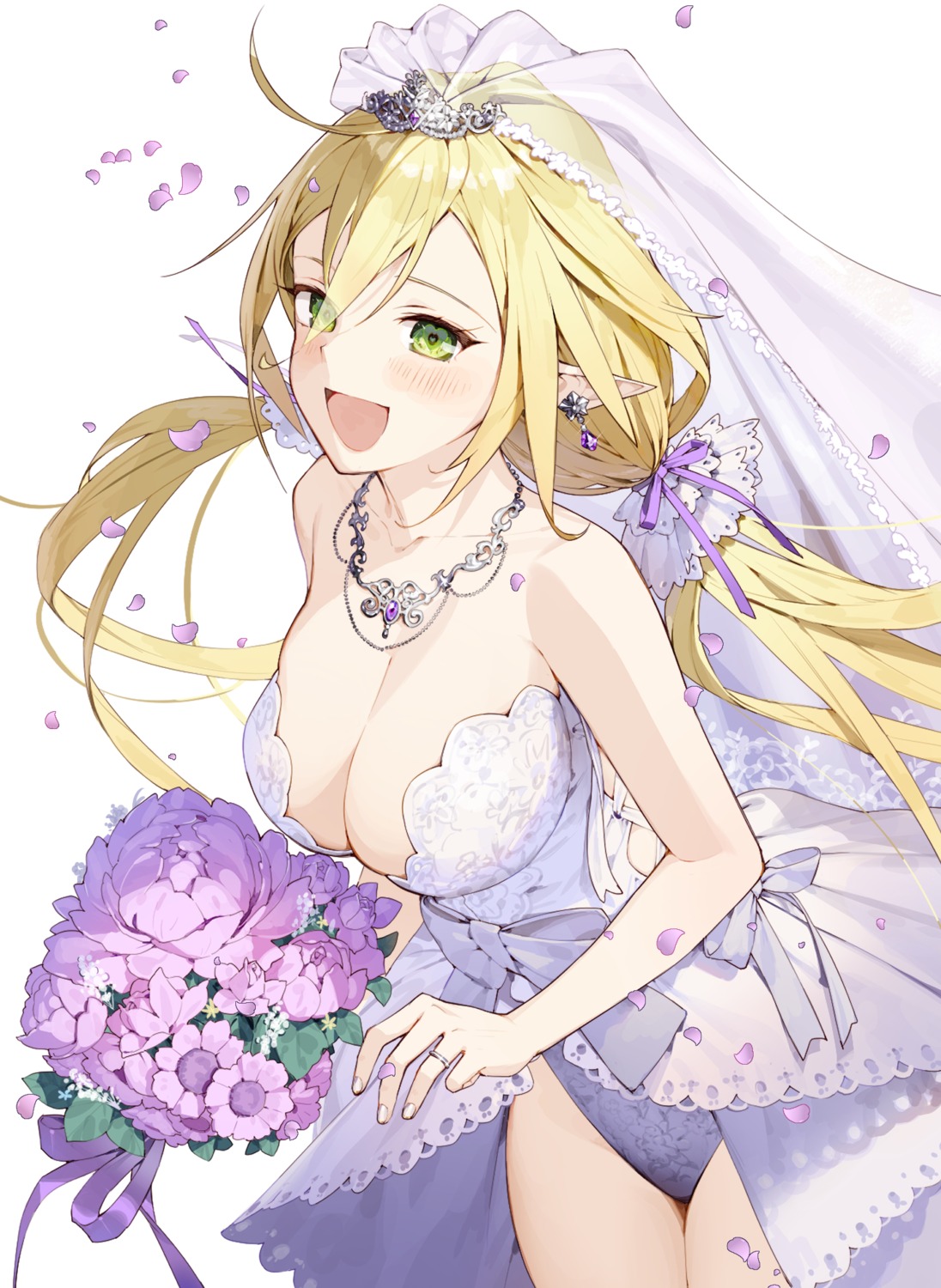 cleavage, dress, elf, kitada_mo, leotard, no_bra, pointy_ears, wedding_dress