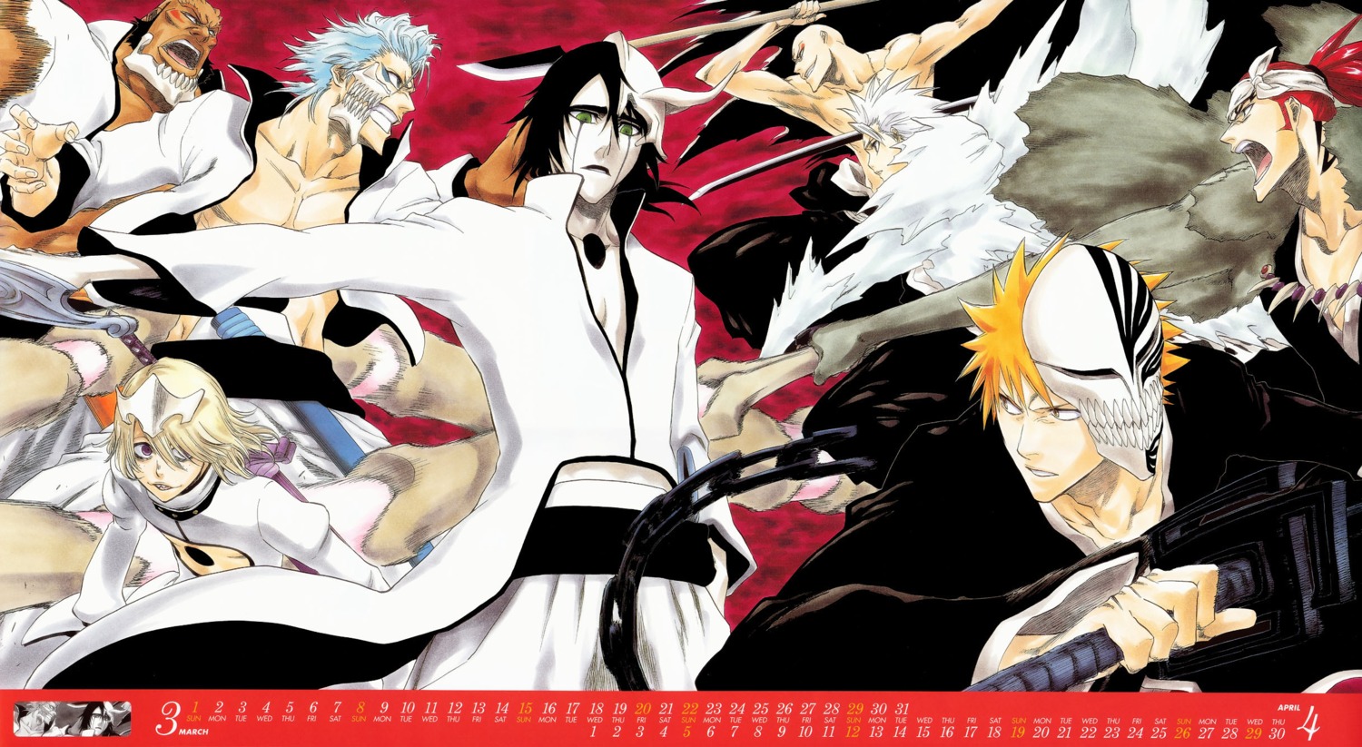 abarai_renji, bleach, calendar, grimmjow_jeagerjaques, hitsugaya_toushirou, kubo_tite, kurosaki_ichigo, madarame_ikkaku