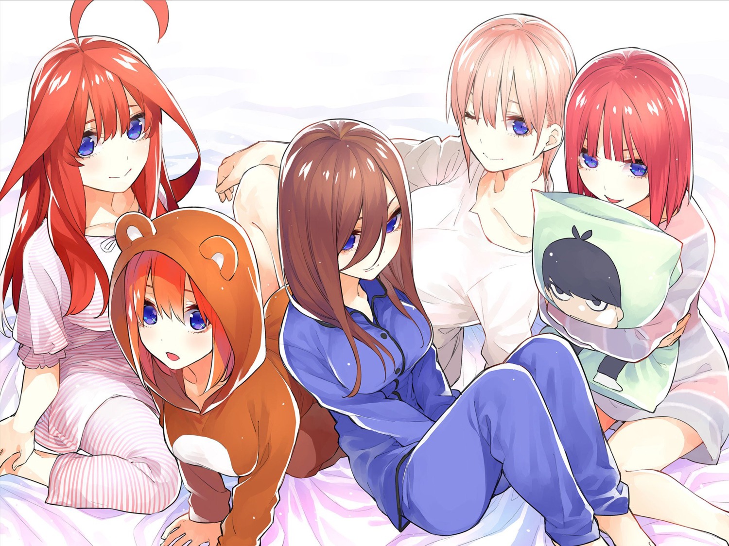 5-toubun_no_hanayome, haruba_negi, nakano_ichika, nakano_itsuki, nakano_miku, nakano_nino, nakano_yotsuba, pajama