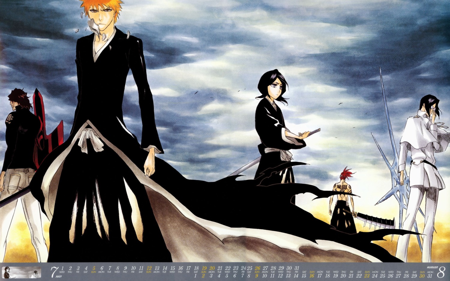 abarai_renji, bleach, calendar, kubo_tite, kuchiki_rukia, kurosaki_ichigo, uryuu_ishida, watercolor