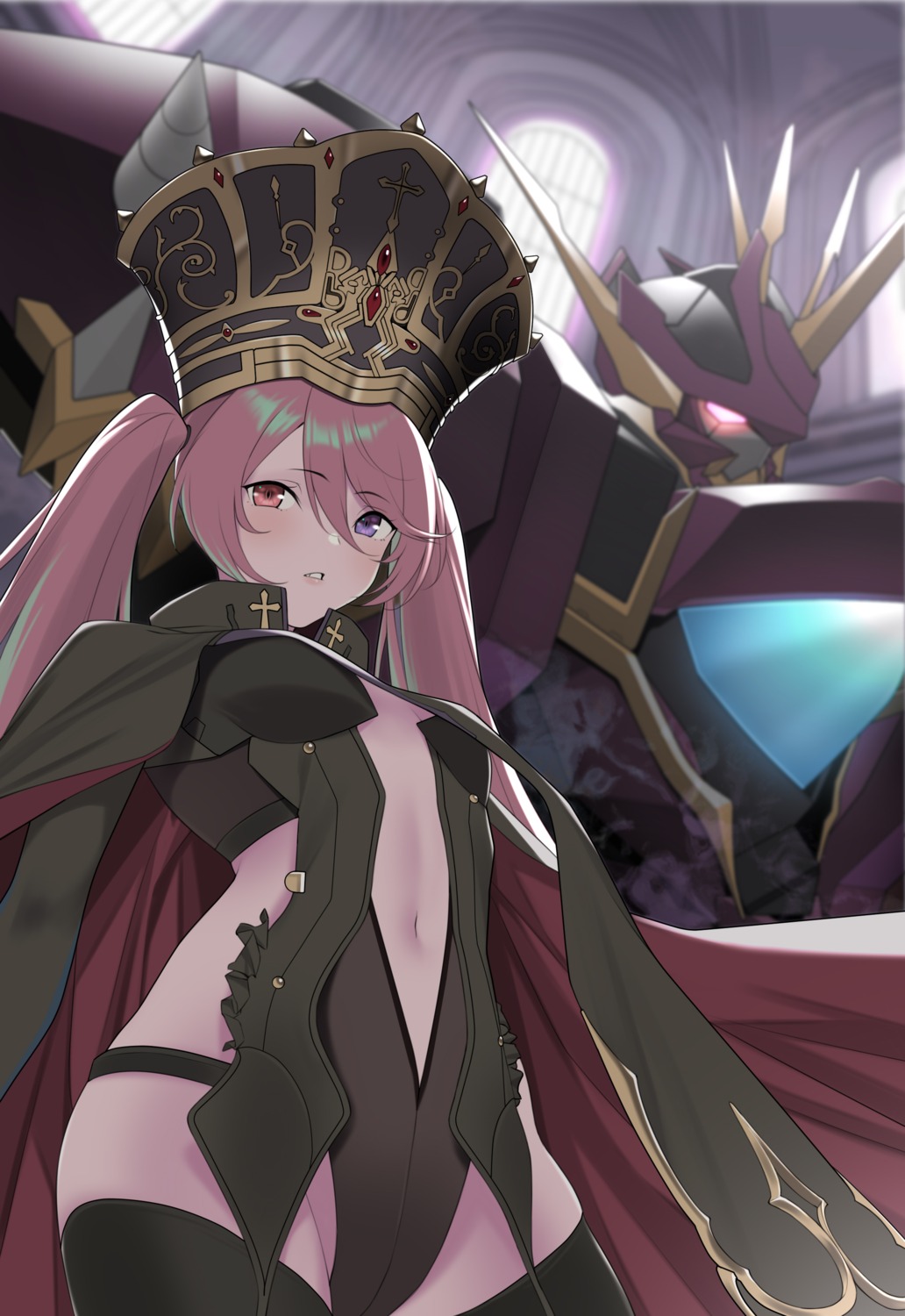 heterochromia, kidou_sentai_iron_saga, leotard, mecha, no_bra, slokai_(iron_saga), thighhighs, yitiao_er-hua