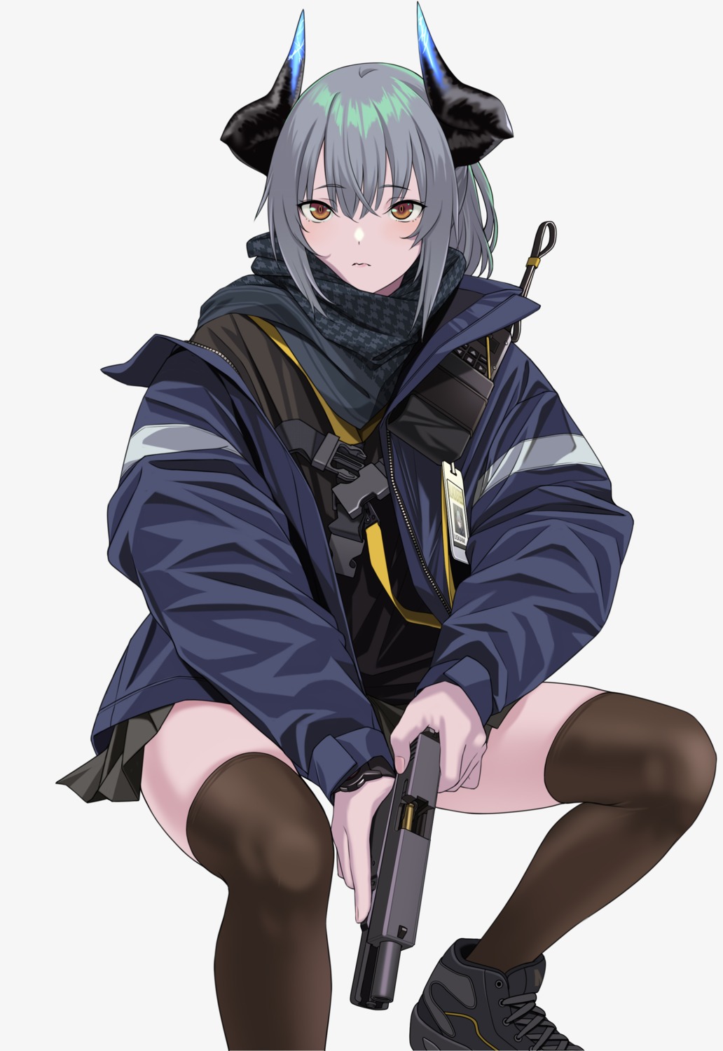 arknights, gun, horns, liskarm_(arknights), thighhighs, yitiao_er-hua