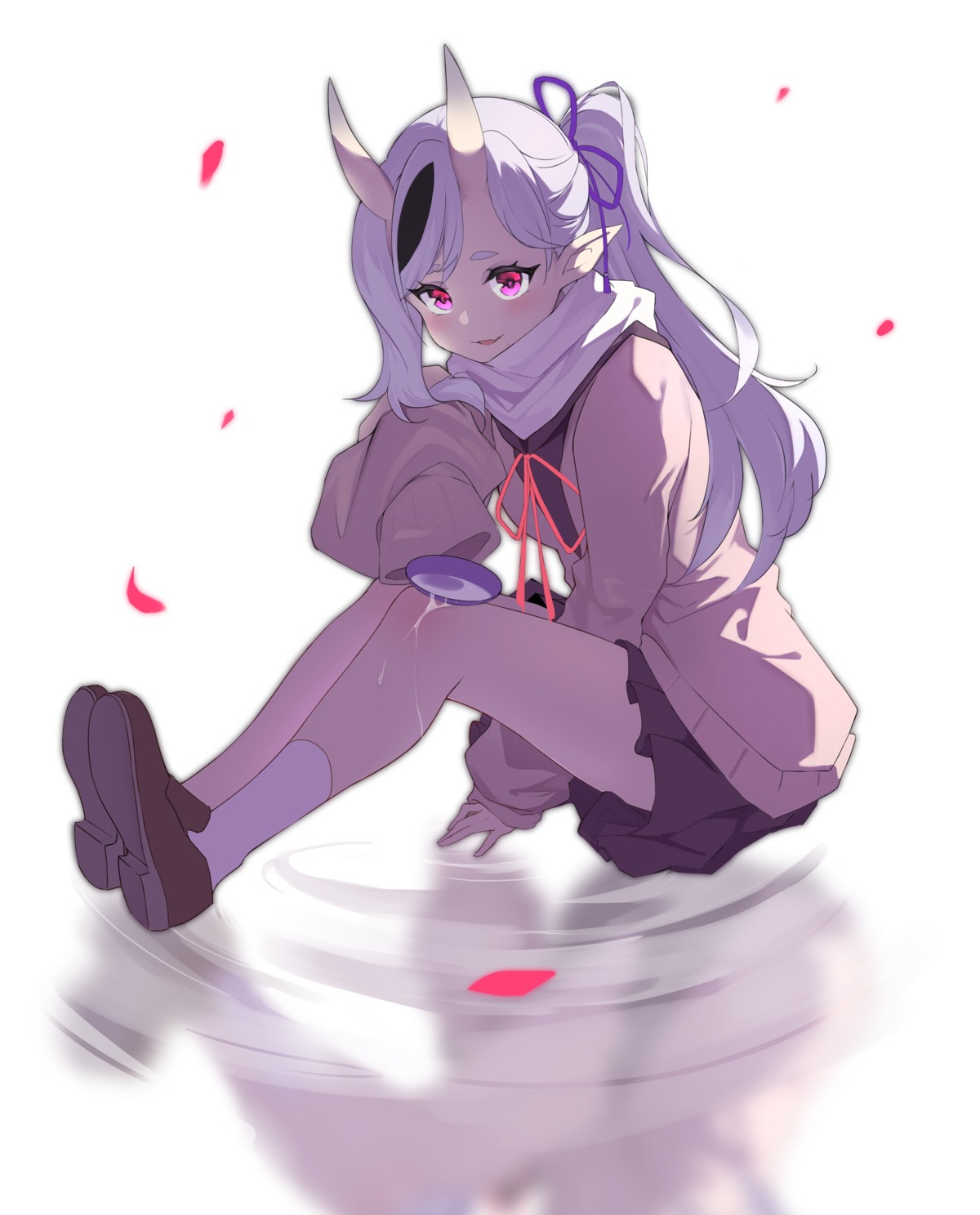 horns, meng_ge_3_(565571710), nijisanji, nijisanji_seeds, pointy_ears, rindou_mikoto, skirt_lift, sweater