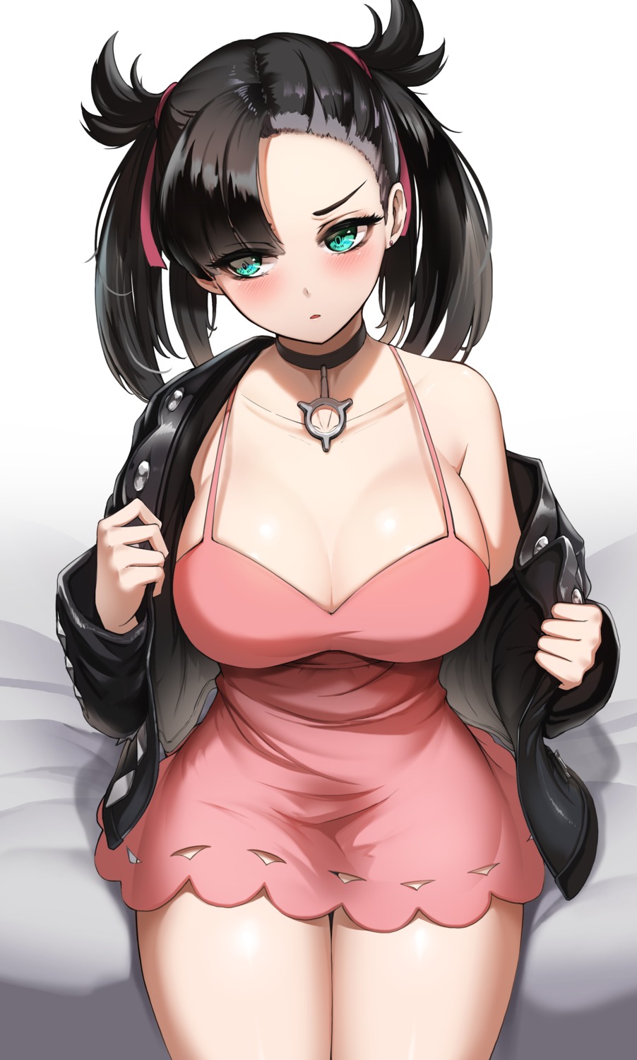 cleavage, dress, mary_(pokemon), mingakk, no_bra, pokemon, pokemon_swsh, undressing