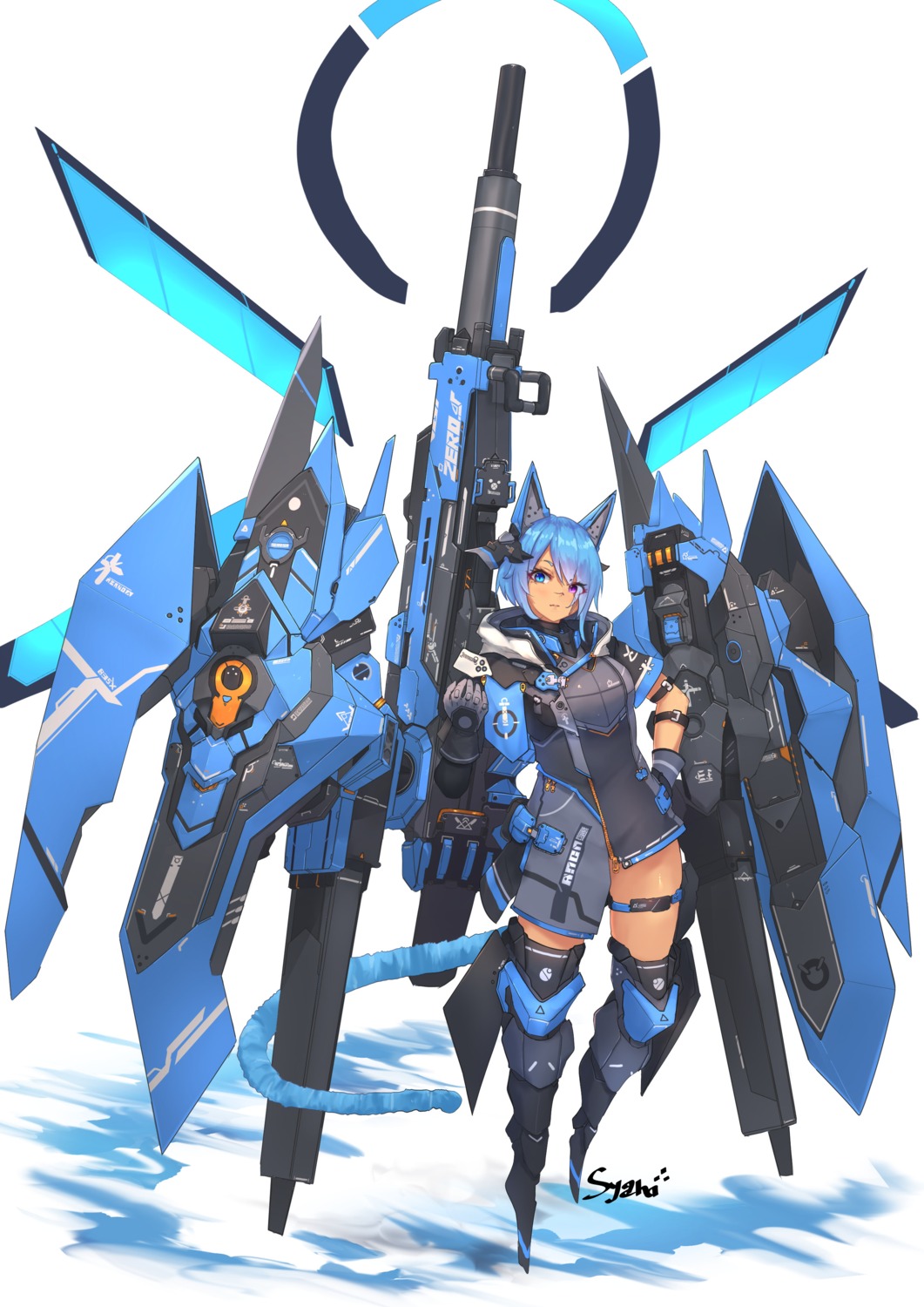 animal_ears, garter, gun, heterochromia, mecha_musume, syaha, thighhighs