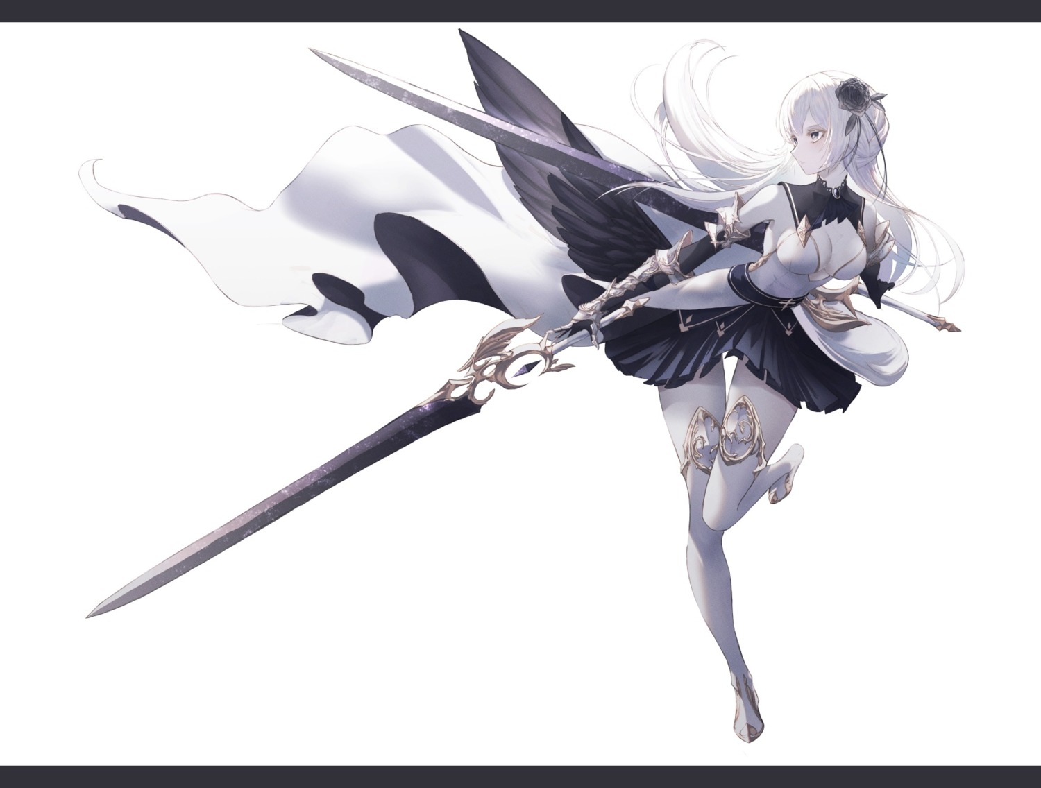 cleavage, neon_(pixiv_31150749), no_bra, sword, thighhighs, wings