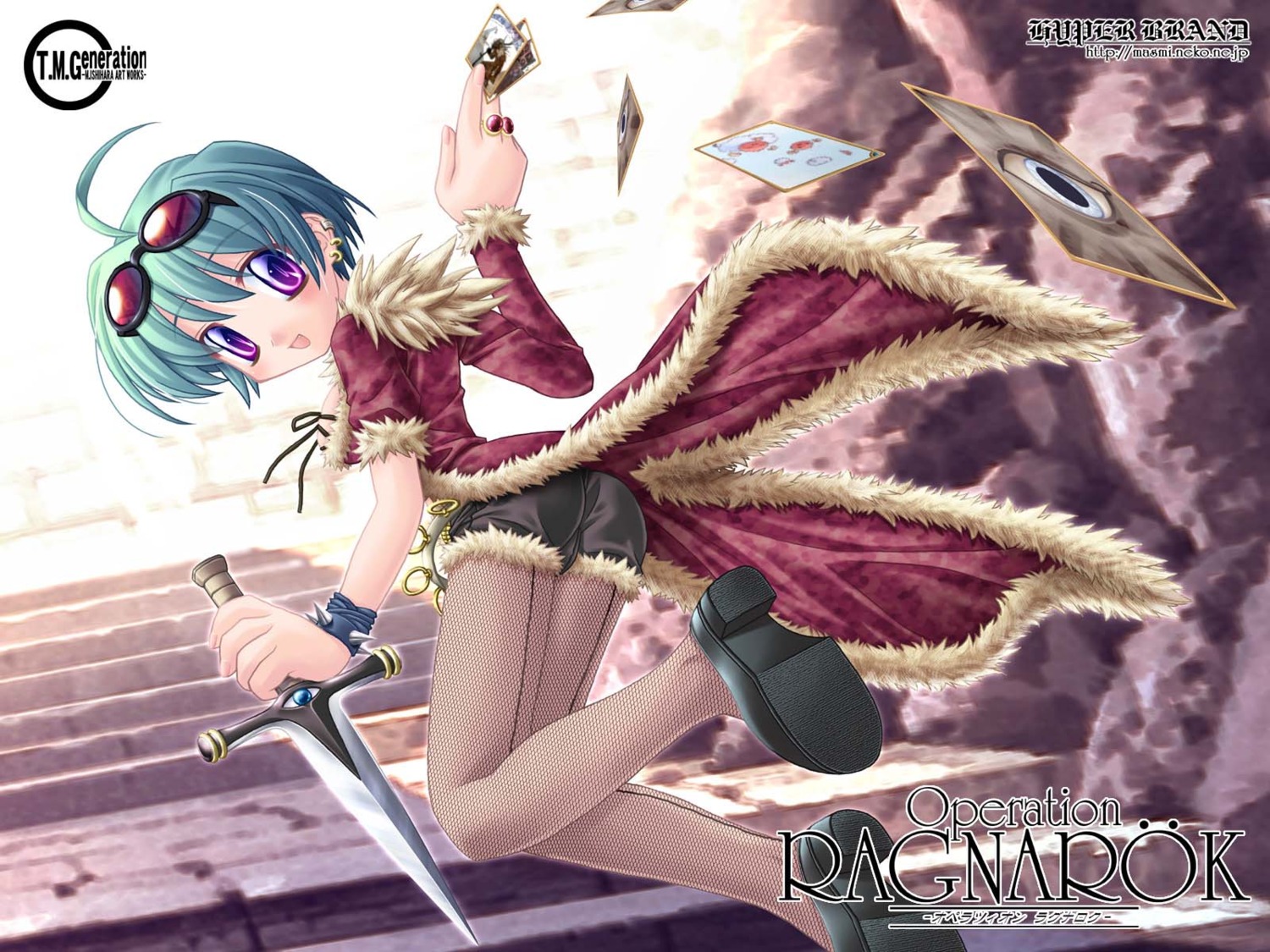 fishnets, heels, ishihara_masumi, jpeg_artifacts, megane, pantyhose, ragnarok_online, rogue_(ro), thighhighs, wallpaper, weapon