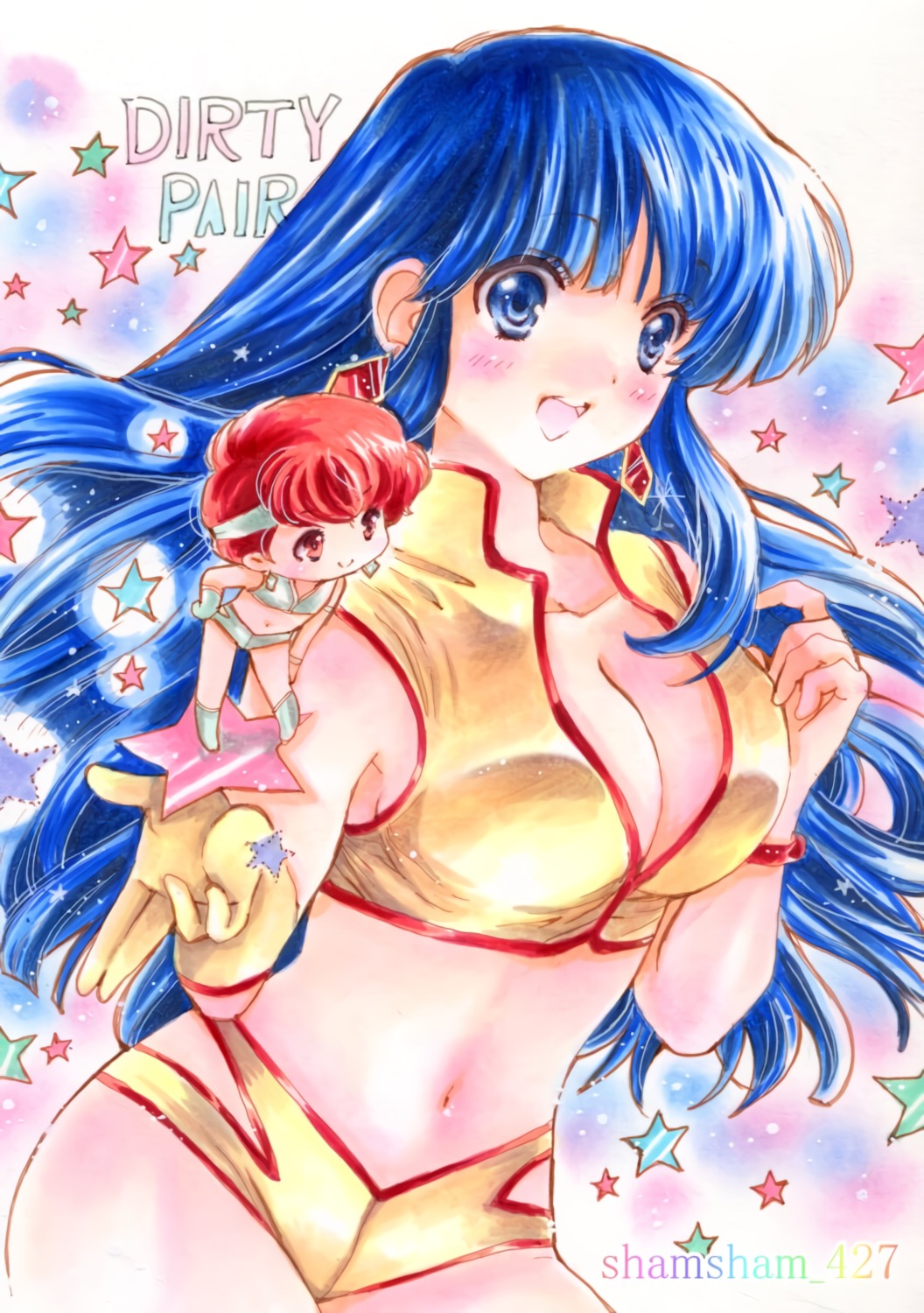 chibi, cleavage, dirty_pair, kei_(dirty_pair), no_bra, open_shirt, tagme, yuri_(dirty_pair)