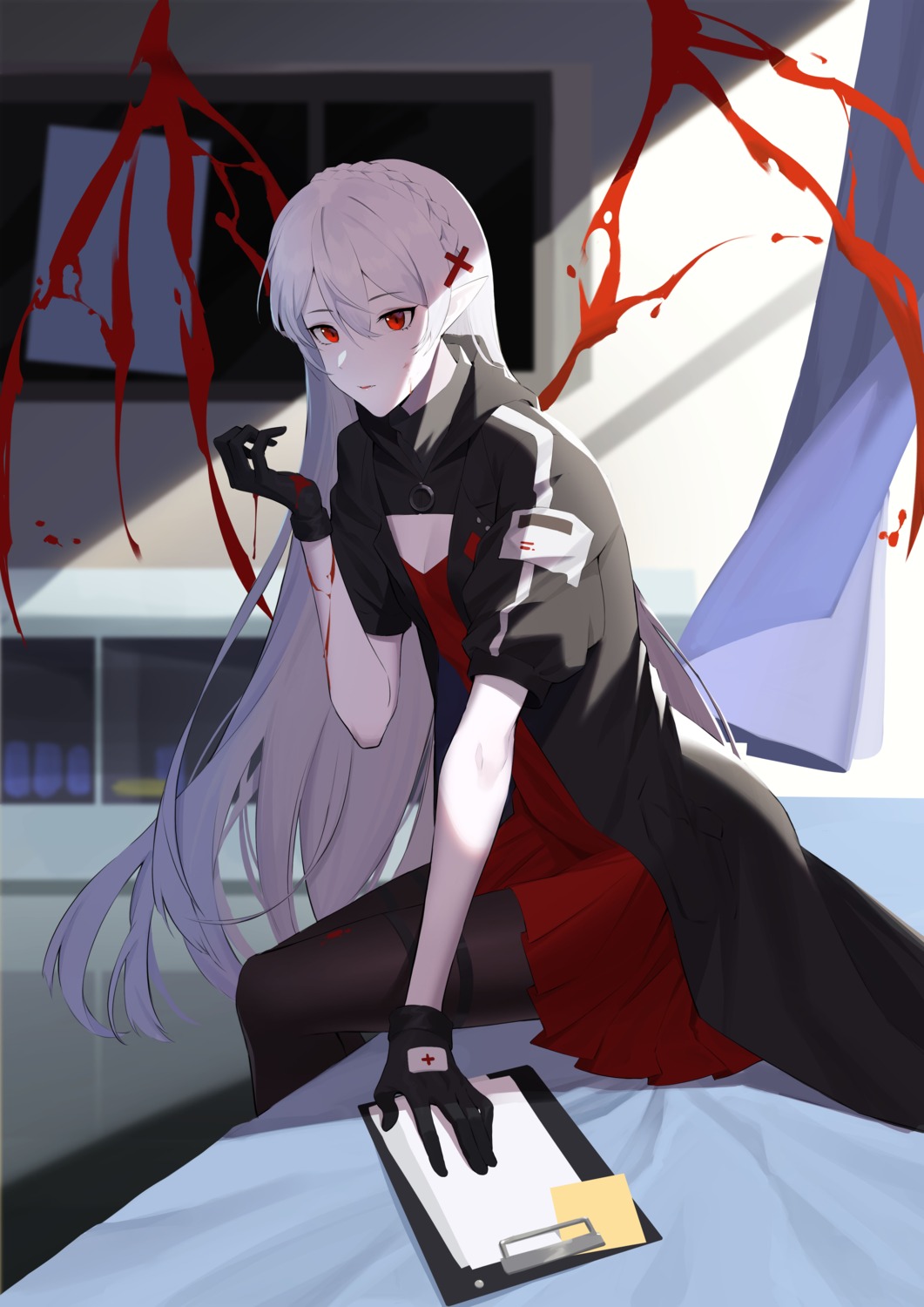 arknights, blood, cleavage, dress, garter, nori_tamahana, pantyhose, pointy_ears